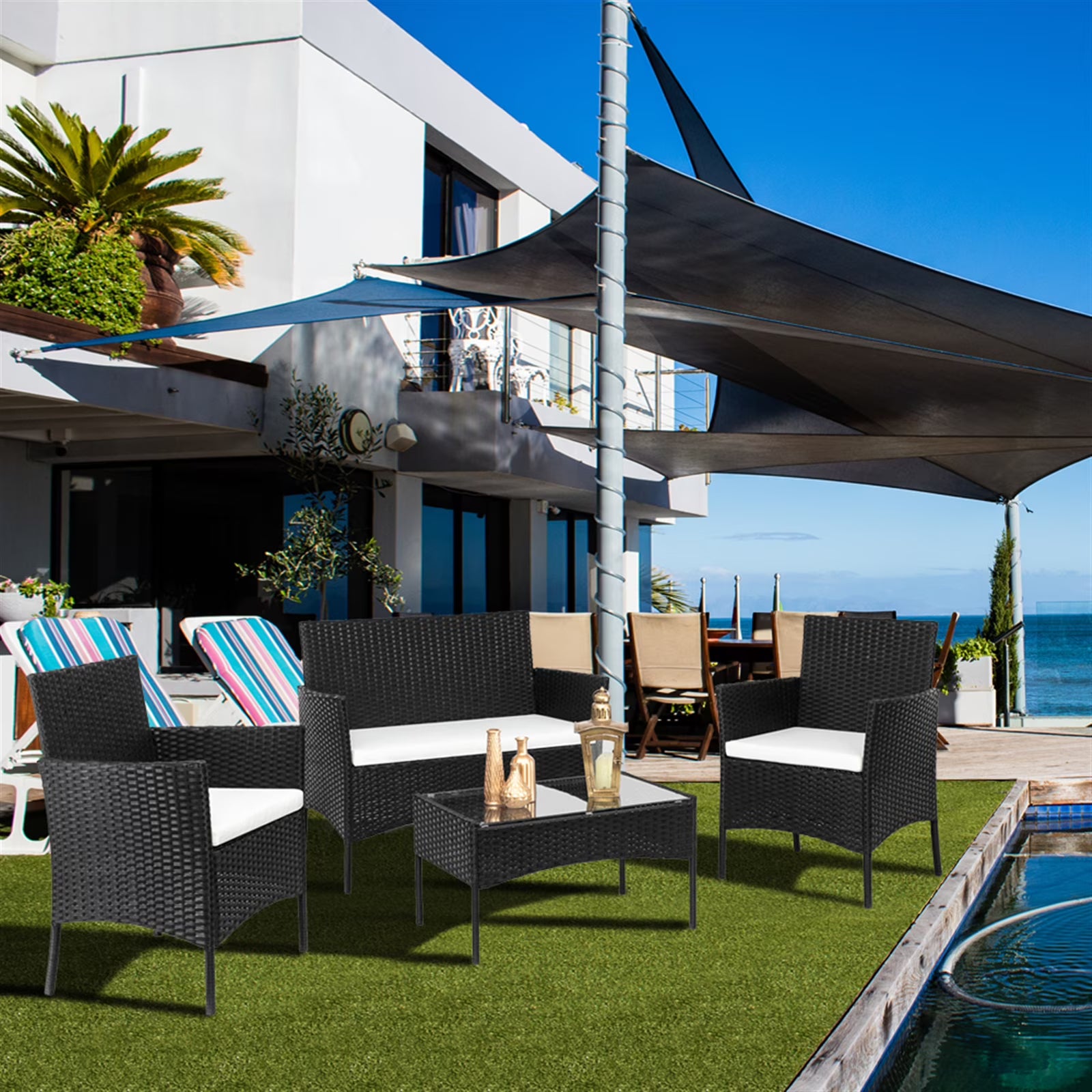 4 Piece Wicker Patio Furniture, PE Rattan Outdoor Furniture Sets, Lawn Conversation Set with Coffee Table and Cushions, Outdoor Sectional Furniture Set for Garden Deck Backyard, Gray, JA1489