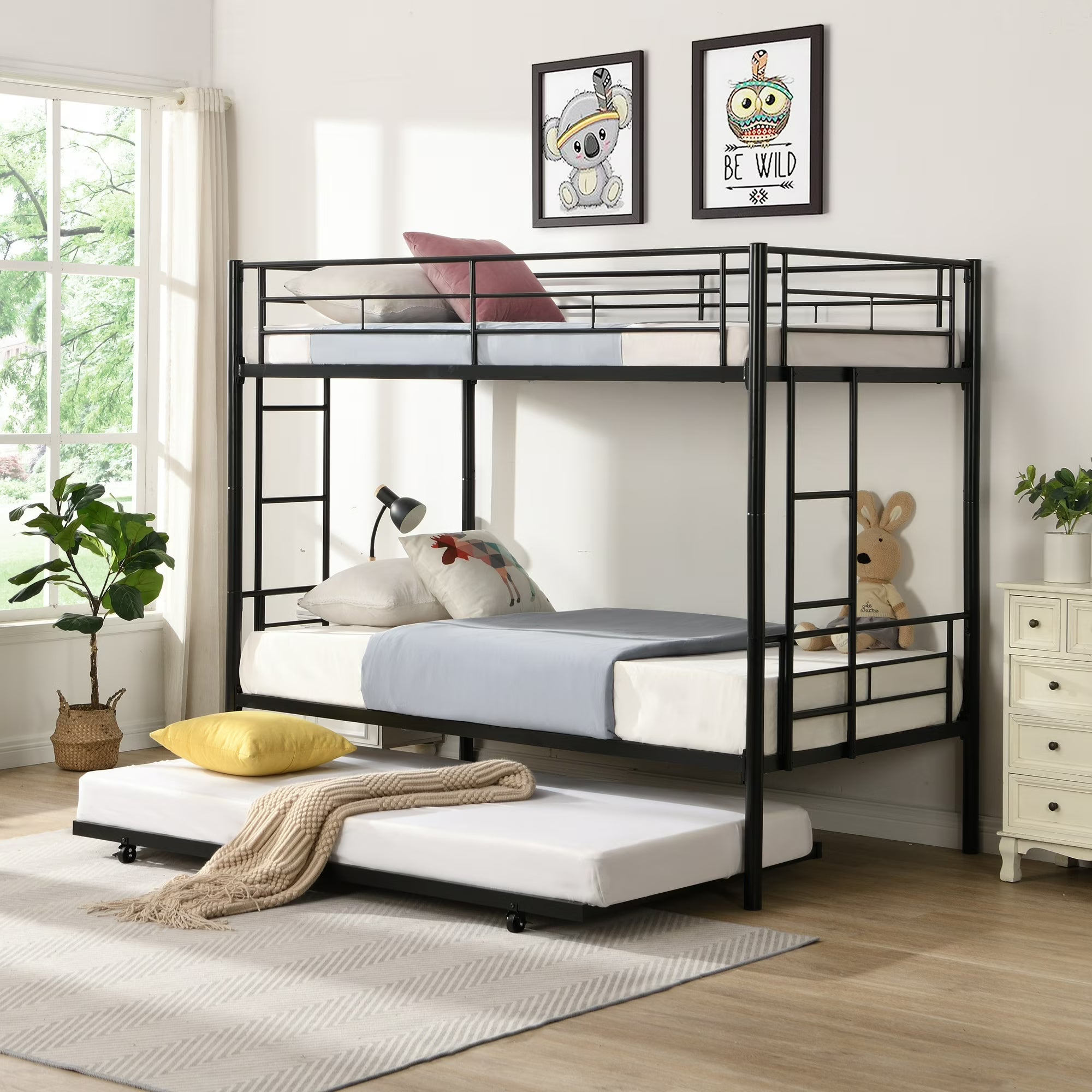 Enyopro Twin Bunk Bed with Trundle, Metal Bed Frame Bunk Beds for Teens Adult with Ladder and Safety Guardrails, Twin over Twin Bunk Bed Can be Split into 3 Twin Bed, TE736