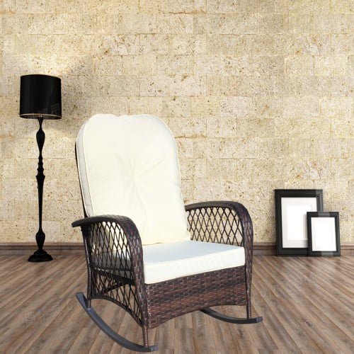 Outdoor Patio Rattan Rocking Chair with Thick, Soft Cushions and a Wide Seat. All-Weather Comfort Rattan Rocking Chair, Suitable for Porches, Balconies, Backyards, and Apartments.Beige .