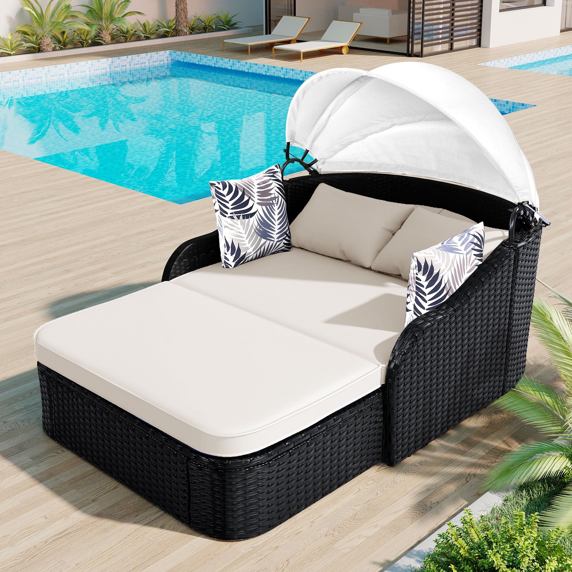 Enyopro Outdoor Double Daybed with Adjustable Canopy, PE Rattan Patio Sunbed Lounger with Cushions and Pillows, Black Wicker and Beige Cushions for Backyard, Poolside, Garden, Beige