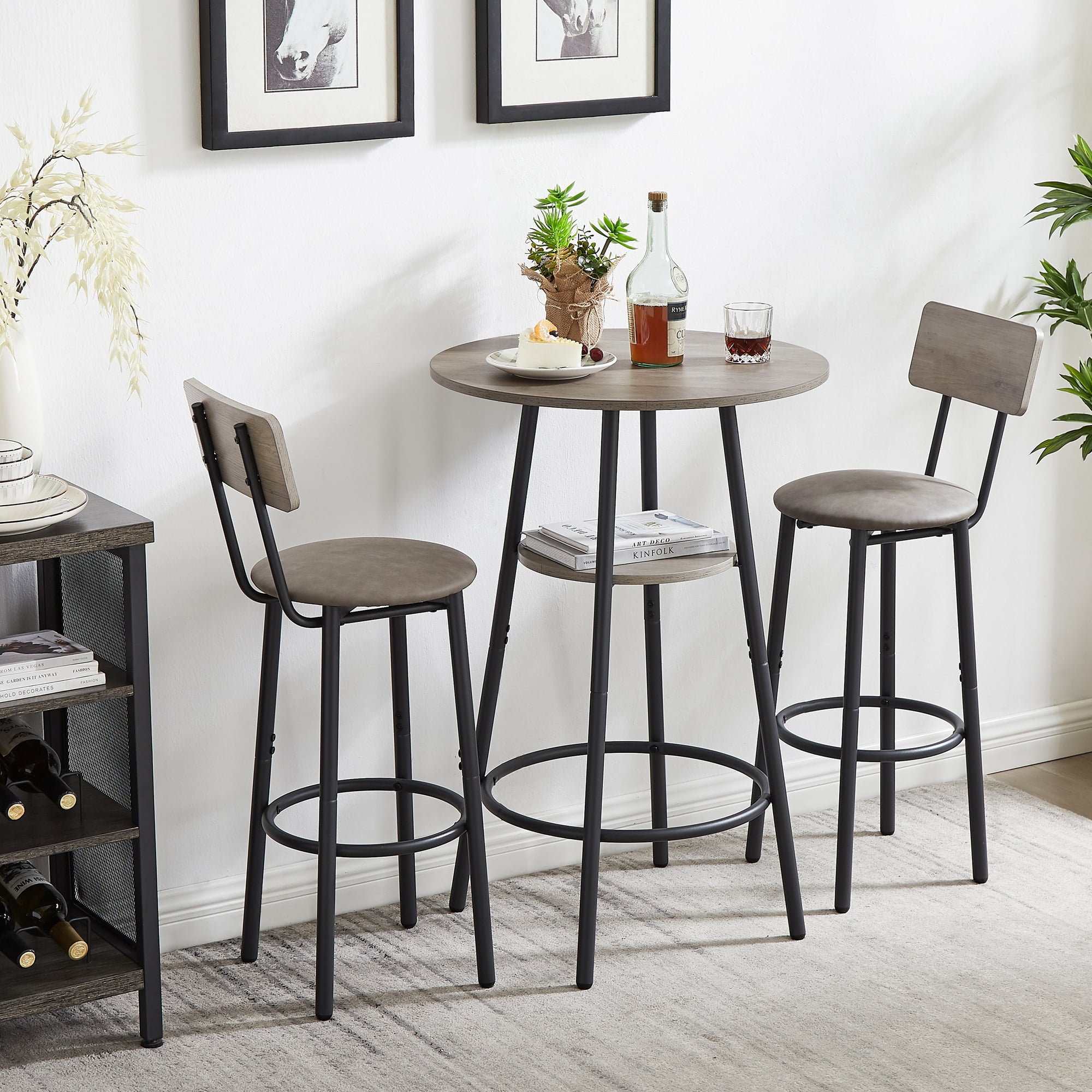 Kitchen Bar Table Set, 3-Piece Bistro Table Set for Kitchen, Round Dining Room Set with 2 Upholstered Chairs, Gray Table and Chairs Dining Set for Pub Bistro Restaurant