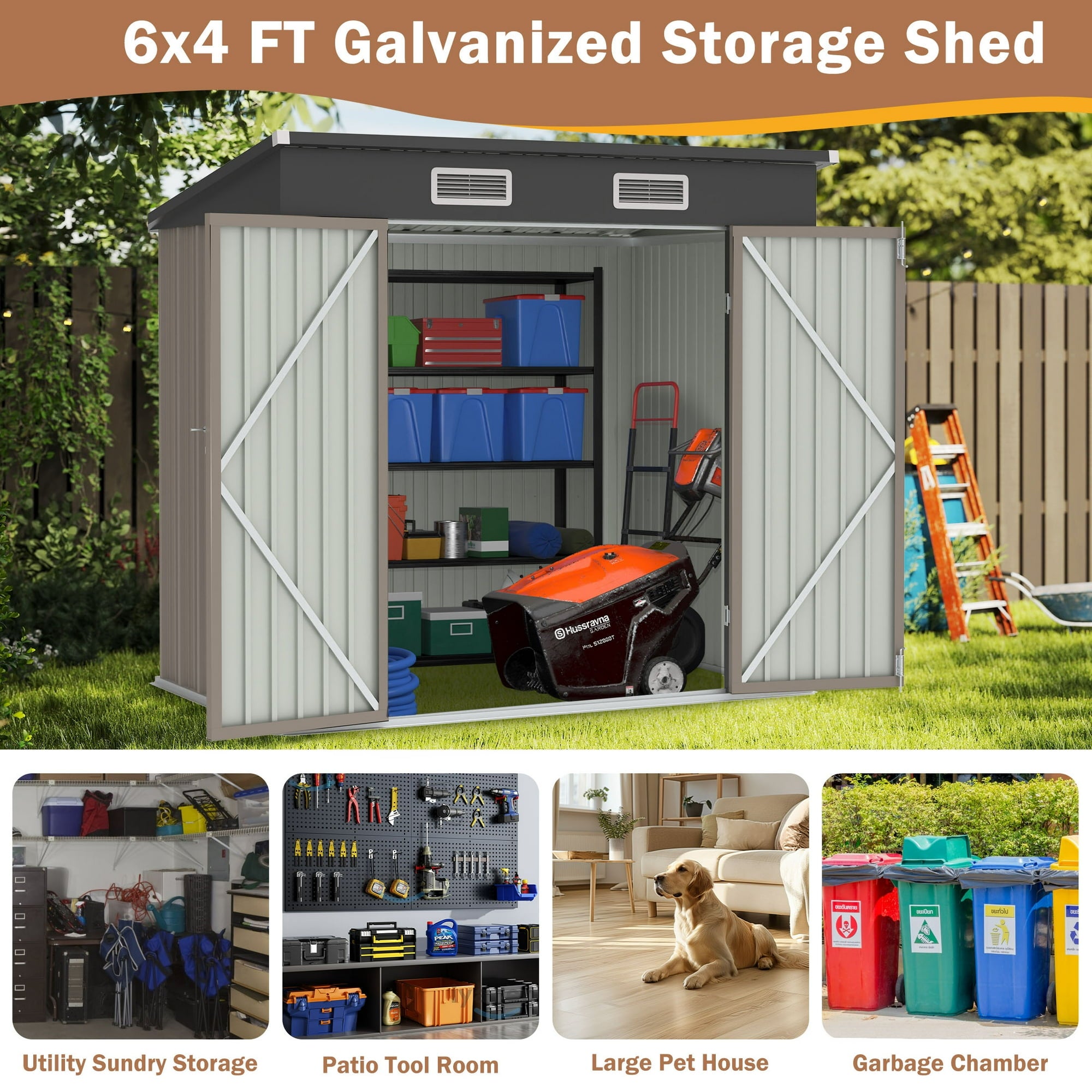 Enyopro 6 x 4 FT Outdoor Metal Storage Shed with Lockable Hinged Door, Galvanized Steel Tool Shed for Garden, Backyard, Lawn, Brown