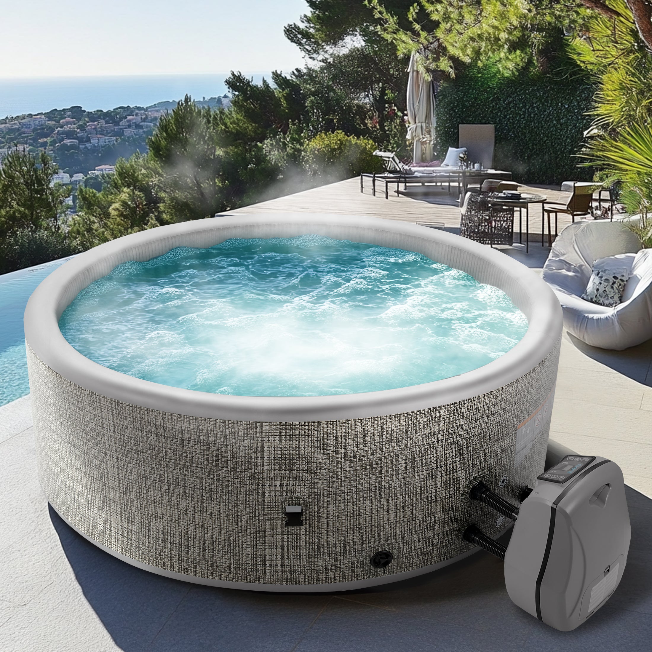 SESSLIFE 3-5 Person Inflatable Hot Tub, 65" Dia Round Portable Outdoor Spa Hot Tub with Cover, Control Panel, Heater Pump, 100 Jets and Filter, Max 104℉, 211 gal Blow up Hottub