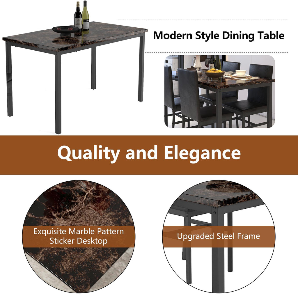 Dining Room Table Set for 4, Kitchen Table Set with 4 Upholstery Chairs Chairs, Modern Faux Marble Top Finish Dining Set for Bar, Breakfast Nook, Brown