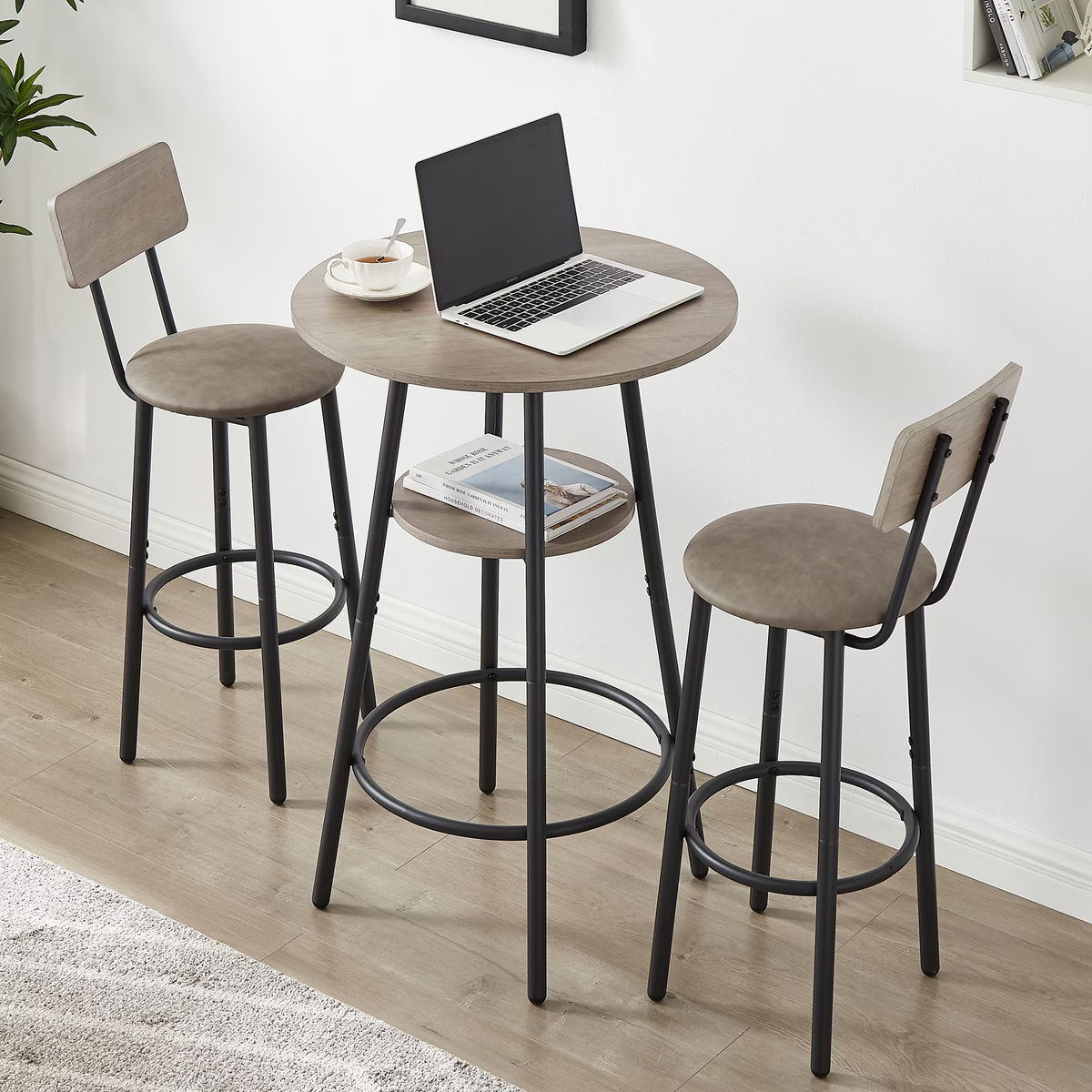 Kitchen Bar Table Set, 3-Piece Bar Table Set for Kitchen, Round Dining Room Set with 2 Upholstered Chairs, Gray Table and Chairs Dining Set for Pub Bistro Restaurant