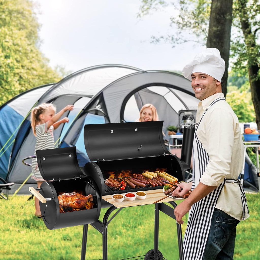 Grill, Enyopro Charcoal Grill, Portable BBQ Grill & Smoker Combo, with Offset Smoker and Wood Shelf, Thermometer, Wheels, for Outdoor Picnic, Patio, Backyard, Camping