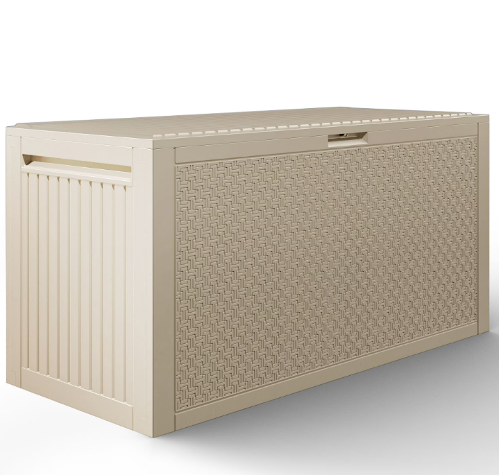 Enyopro 90 Gallon Deck Box, Organization and Storage Box for Patio Furniture Outdoor Cushions, Throw Pillows, Garden Tools and Pool Toys, Light Brown