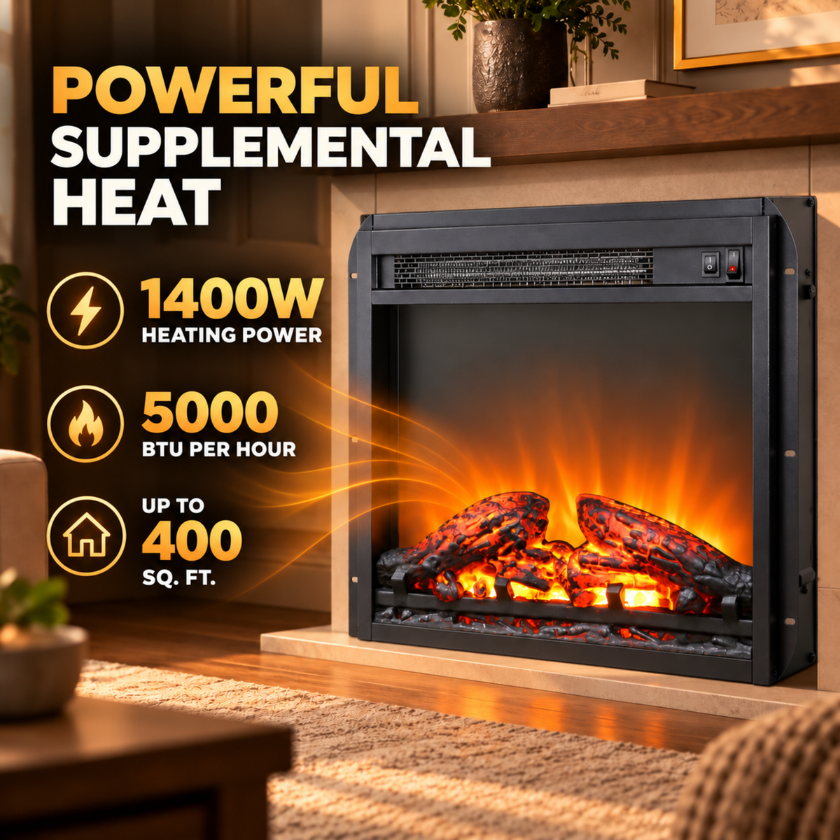 18" Fireplace Heaters for Inside, 3D Electric Fireplace Insert, 1400W Fireplace Heater, Adjustable Flame and Low Noise, CSA Certification