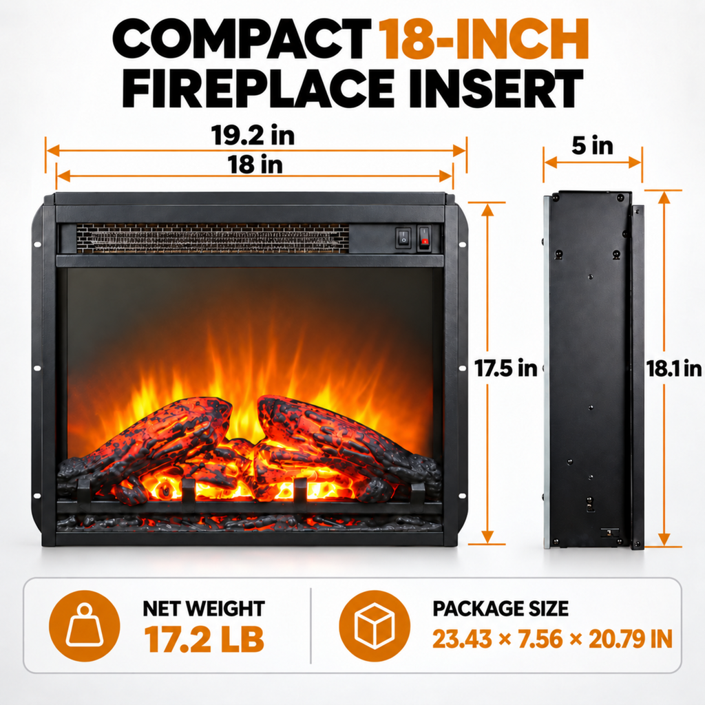 18" Fireplace Heaters for Inside, 3D Electric Fireplace Insert, 1400W Fireplace Heater, Adjustable Flame and Low Noise, CSA Certification