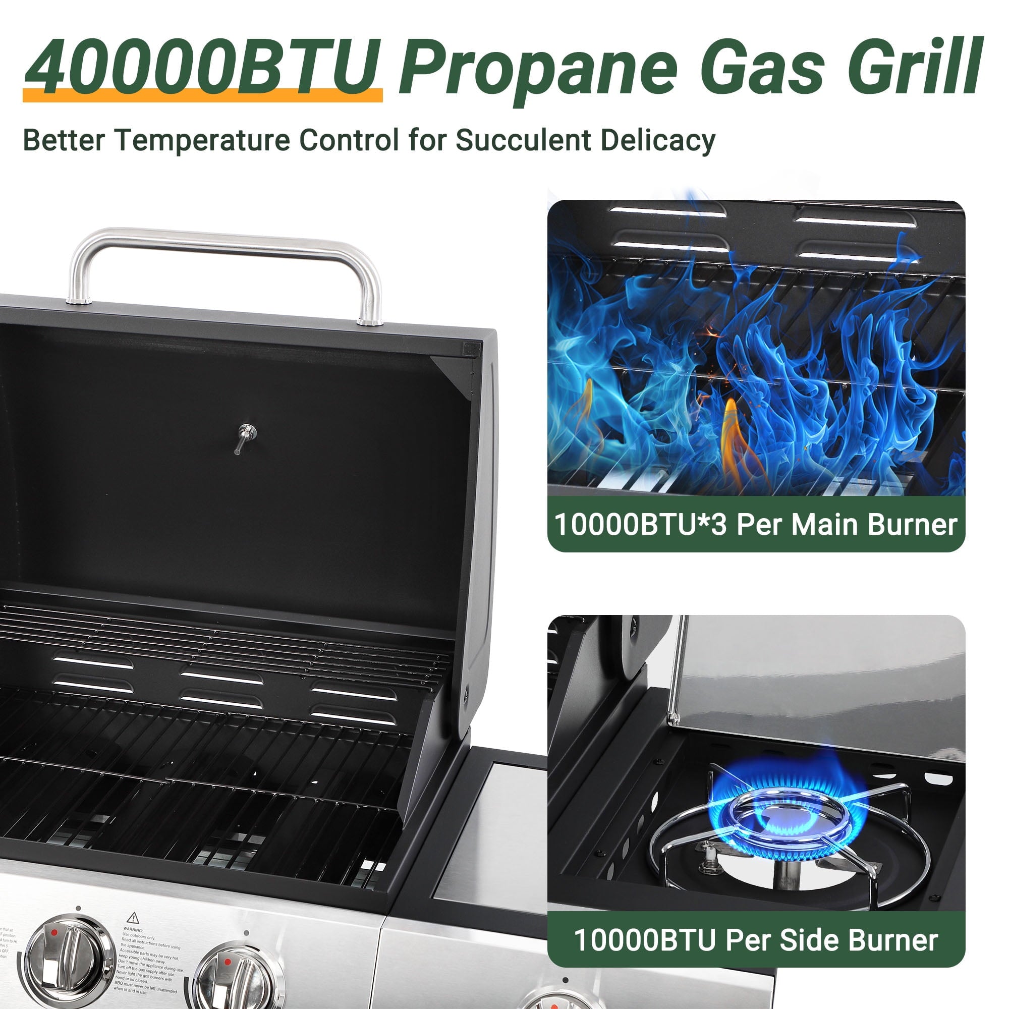 Enyopro 40000BTU Propane Gas Grill, 3 Burner Stainless Steel Barbecue Grill with Side Burner, Brush and Built-in Thermometer for Outdoor BBQ Patio Backyard