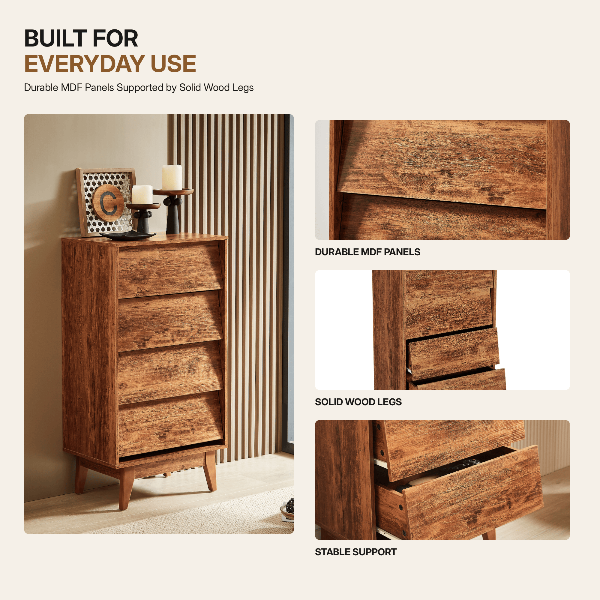 Enyopro Dresser for Bedroom, 4 Drawer Dresser Storage Drawer, Bevel Design Closets Drawer Chest for Living Room Hallway