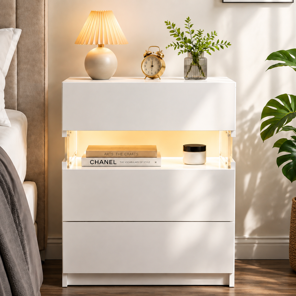 Enyopro LED Nightstand 3 Drawer for Bedroom, Wooden Side Table Storage Cabinet Unit with Acrylic Board for Living Room Bedside Furniture, White