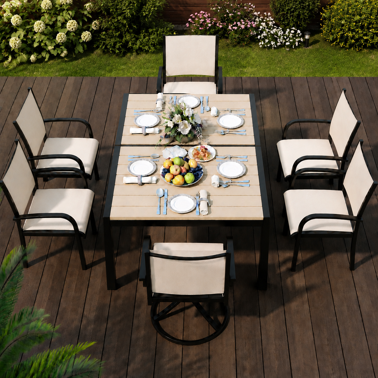 Enyopro 7-Piece Outdoor Patio Dining Set with Rectangle Steel Table & Textilene Chairs for 6-Person, Patio Conversation Set for Backyards, Porches, Lawn,Black & White
