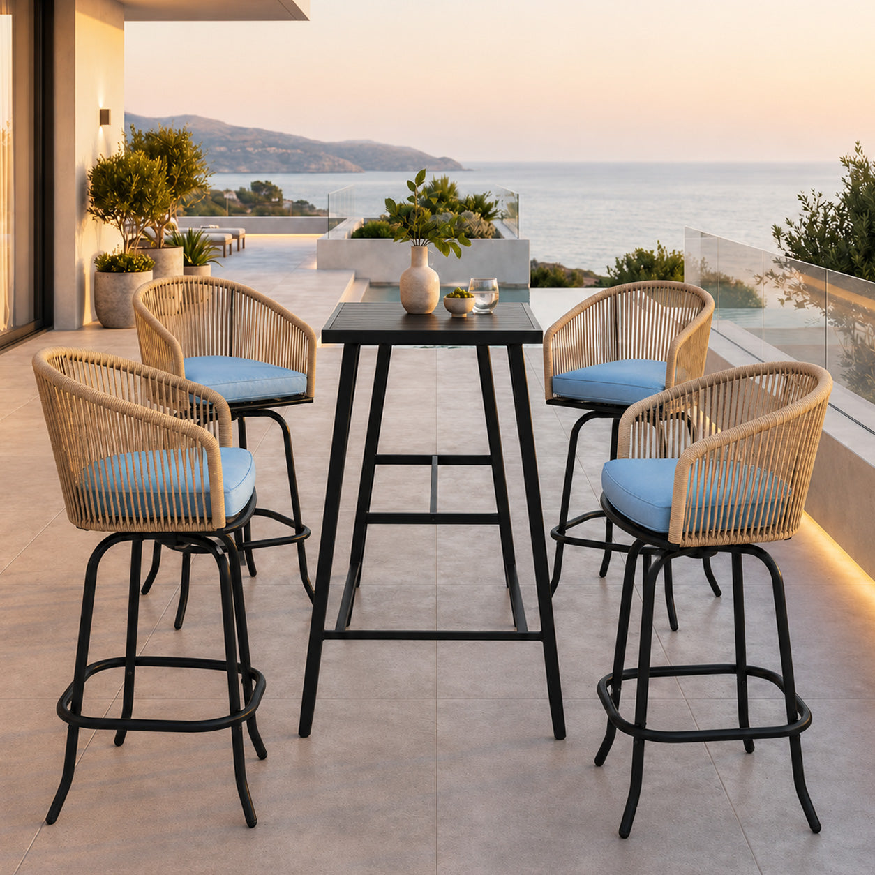 Outdoor Swivel Bar Stools Set of 4, Counter Height Wicker Patio Bar Chairs with Backs, Armrests, Cushions and Footrests, All-Weather Rattan Seating for Poolside, Deck and Balcony