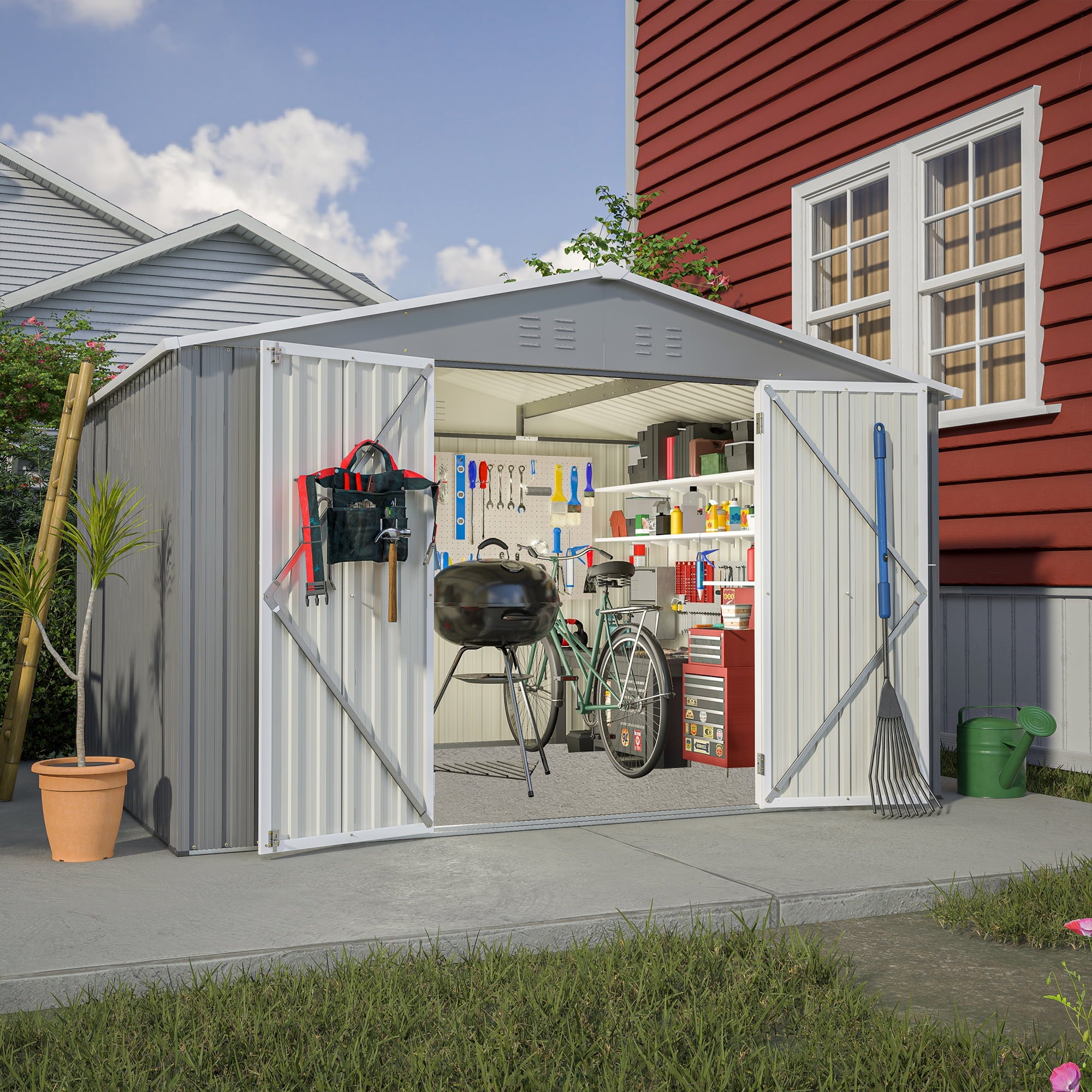 10'x 8' Large Storage Shed for Outside, Enyopro Metal Storage House with Lockable Door, Garden Storage Shed Pet House for Lawnmower, Garden Tools, Bike, Garage