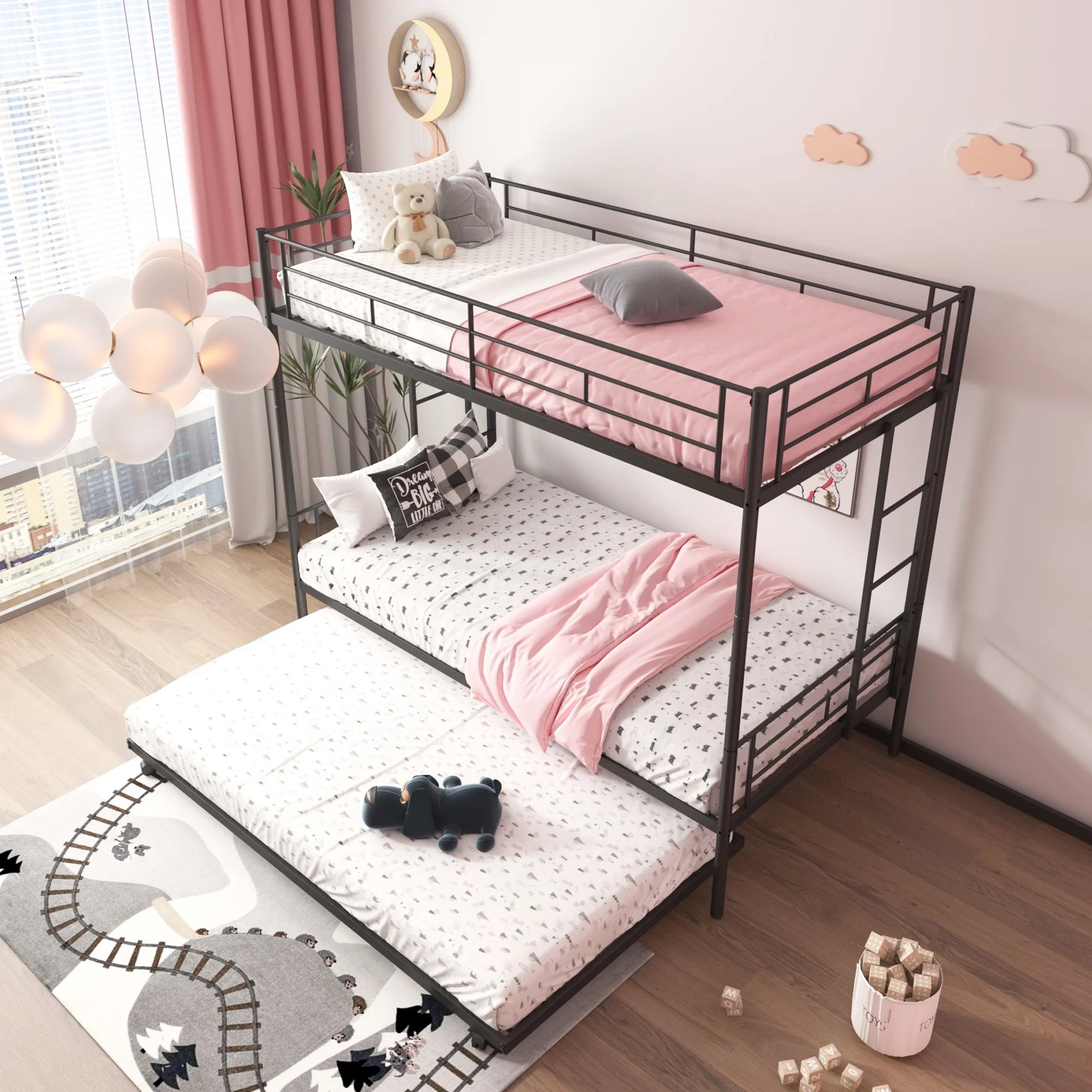 Enyopro Bunkbed with Roll Out Trundle Bed Frame, Metal Bunk Bed can be Divided into Two Twin Beds, Trundle Twin Bunk Bed with Ladders and Guardrails for Guest Room, Space Saving Bedroom Furniture