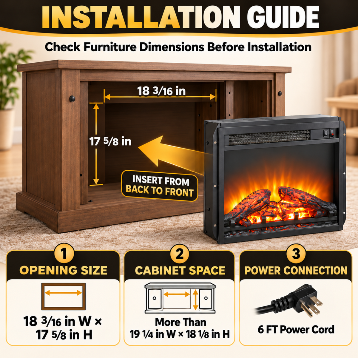18" Fireplace Heaters for Inside, 3D Electric Fireplace Insert, 1400W Fireplace Heater, Adjustable Flame and Low Noise, CSA Certification
