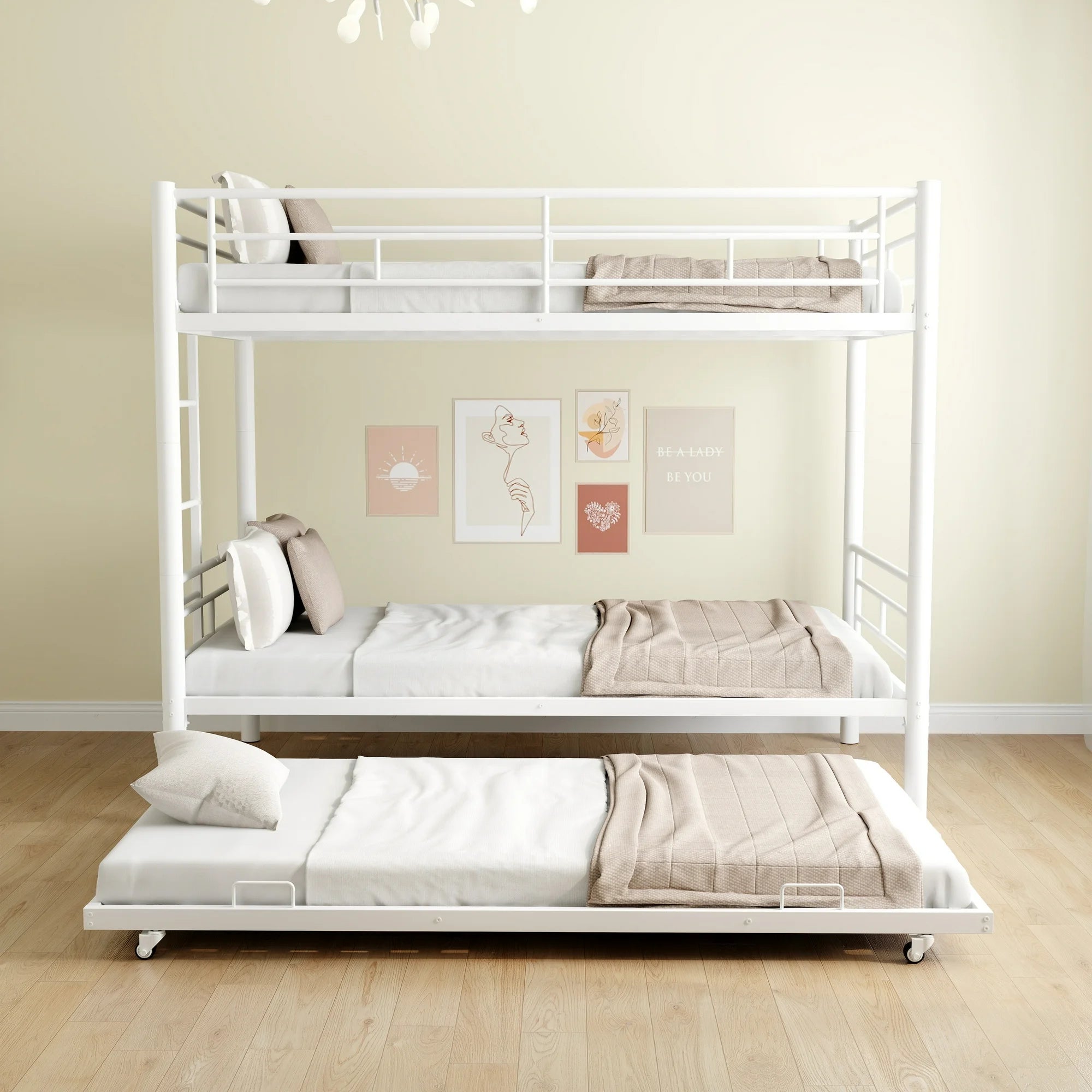 Enyopro Bunkbed with Roll Out Trundle Bed Frame, Metal Bunk Bed can be Divided into Two Twin Beds, Trundle Twin Bunk Bed with Ladders and Guardrails for Guest Room, Space Saving Bedroom Furniture