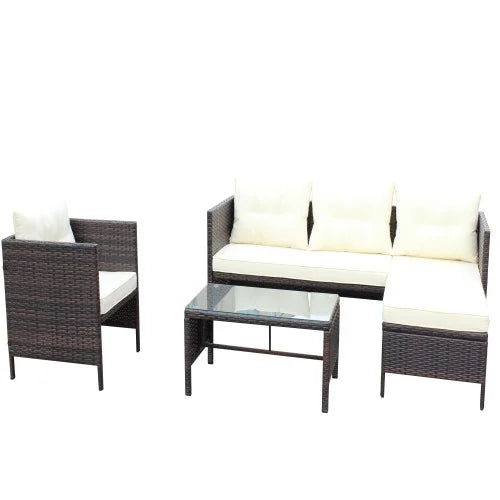 ENYOPRO 4-Piece Outdoor Patio Living Set, PE Rattan Modular All-Weather Lounge Set with Glass Table, Suitable for Patios, Gardens, Backyards, and Poolside (Off-White Cushions)