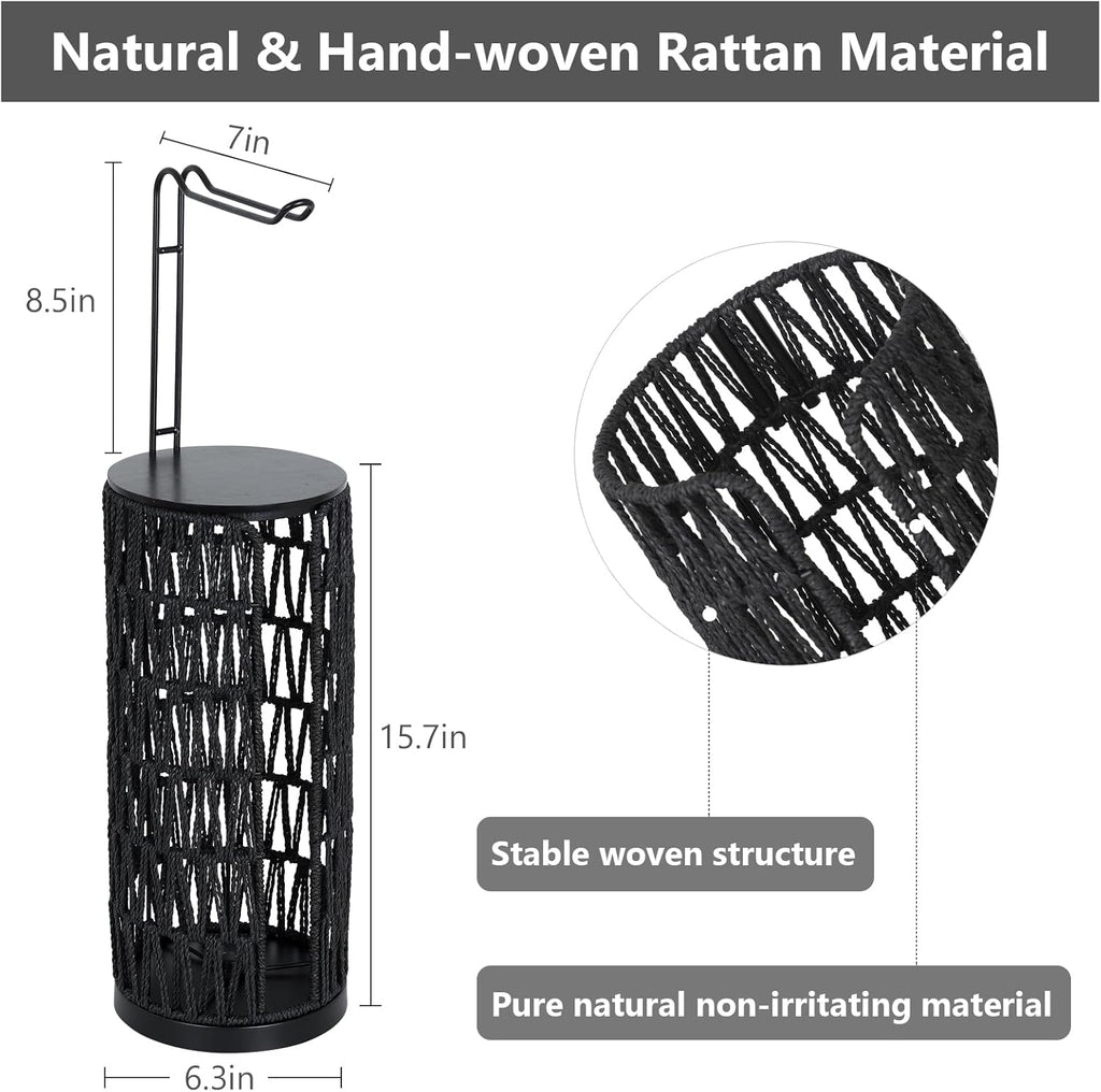 CASEMIOL Toilet Paper Holder Free Standing with Shelf, Handmade Woven Toilet Paper Holder Stand for 4 Rolls, Toilet Paper Storage for Phones and Small Items, Tissue Holder for Bathroom