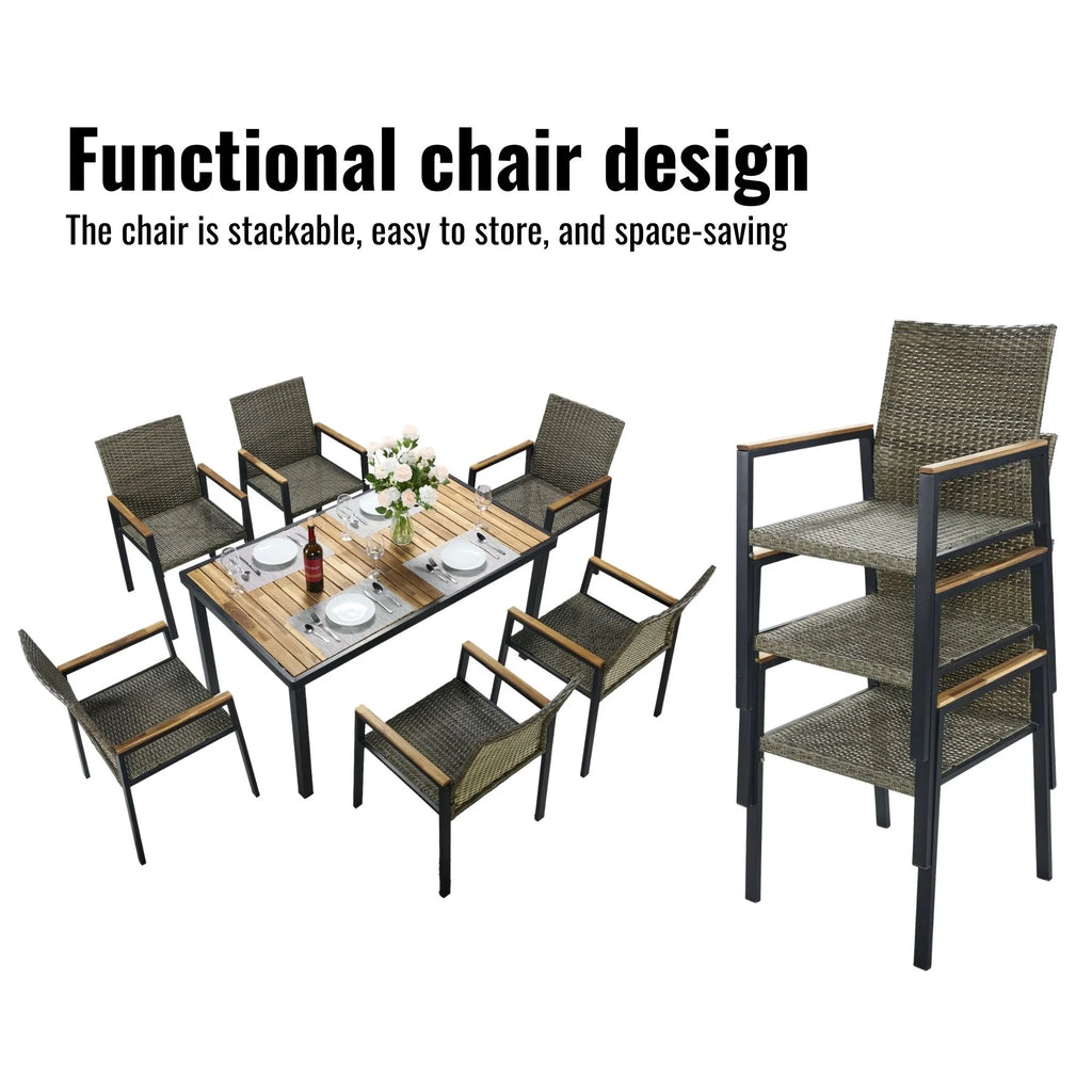 Enyopro 7 Piece Rattan Patio Dining Set, Acacia Wood Tabletop & Umbrella Hole, Modern Garden Conversation Set for Patio, Brown Gray