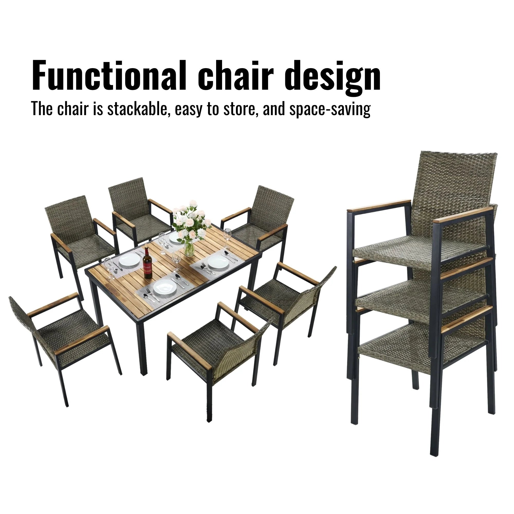 Enyopro 7 Piece Rattan Patio Dining Set, Acacia Wood Tabletop & Umbrella Hole, Modern Garden Conversation Set for Patio, Brown Gray