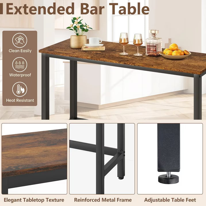Enyopro Bar Table and Stools, Modern Dining Table Set with 3 Stools, Woode Extra Long Pub Table and Chairs, Saving Space for Kitchen, Patio Restnaurant Bistro, Brown