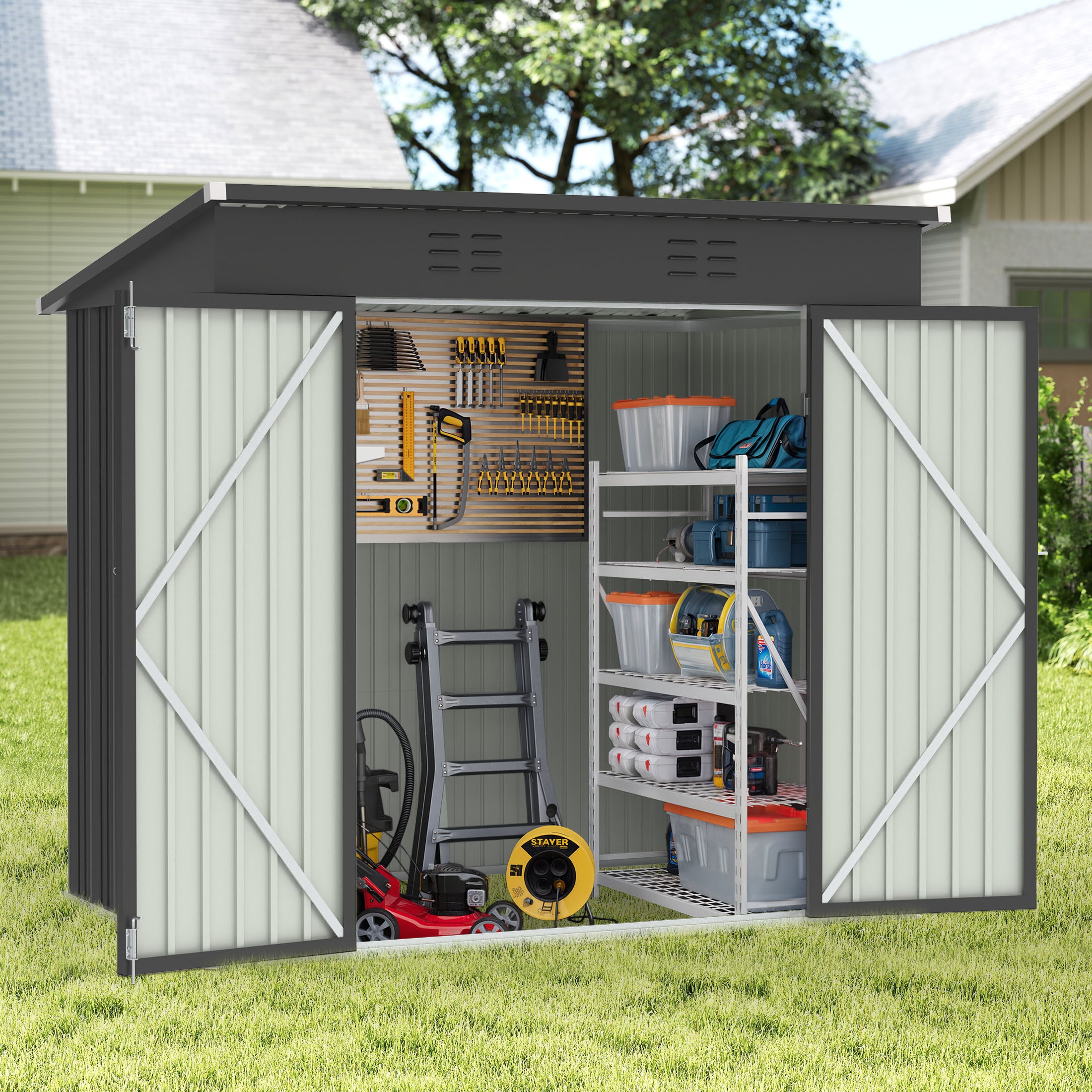 Clearance Storage Shed, Enyopro 6'x4' Outdoor Storage Sheds, Metal Storage House with Lockable Door, Storage Garden Tool shed for Lawnmower, Bike, Garage, Gray