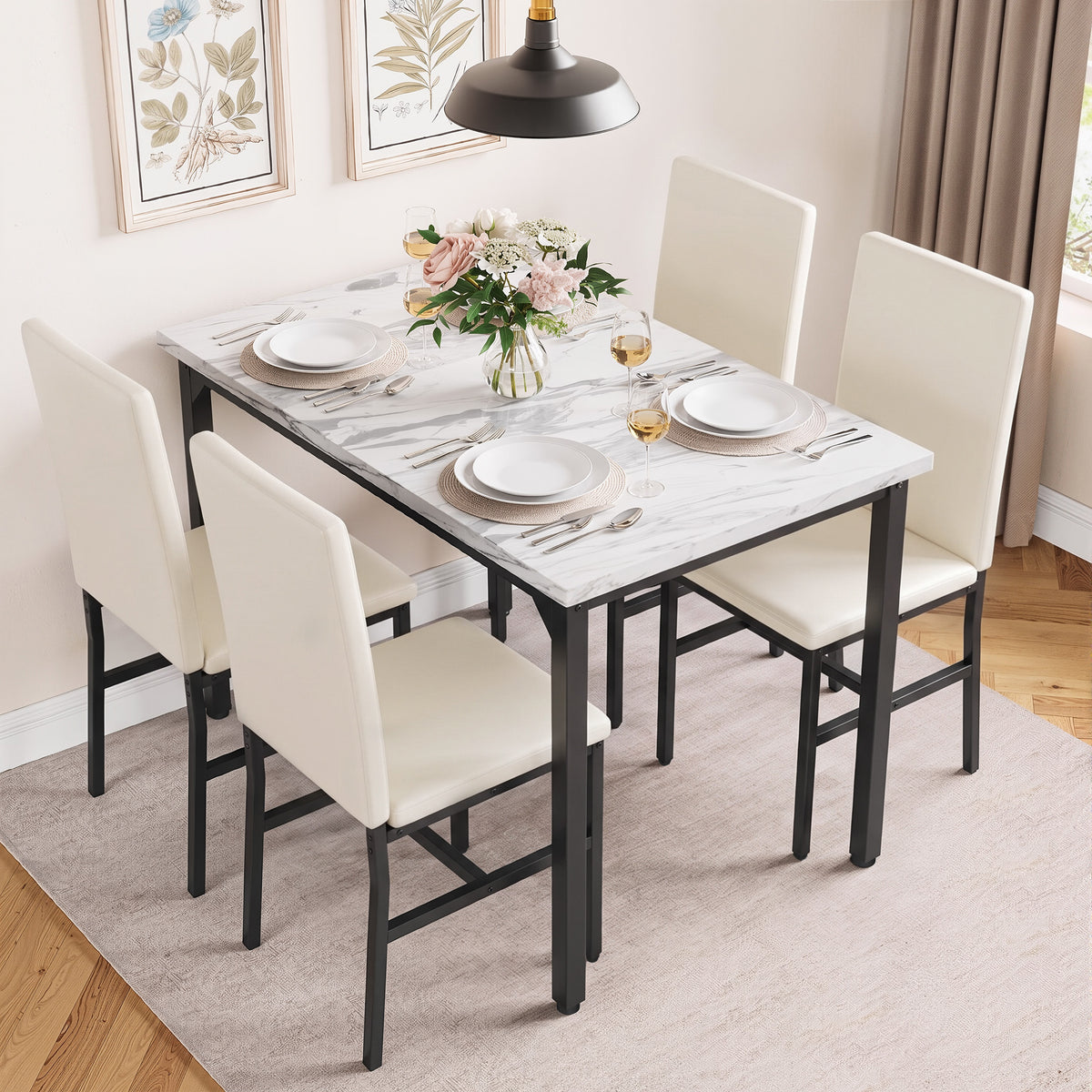 ENYOPRO 5 Piece Dining Table Set for 4, Modern Kitchen Table Set with 4 Leather Upholstered Chairs, Faux Marble Table and Chairs for Home Pub Bistro, White