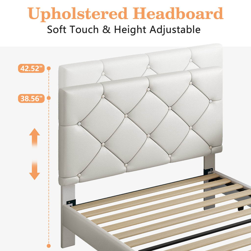 Sesslife Twin Upholstered Platform Bed with Headboard, Beige Twin Bed Frame with Wood Slats Support for Boys Girls, No Box Spring Needed