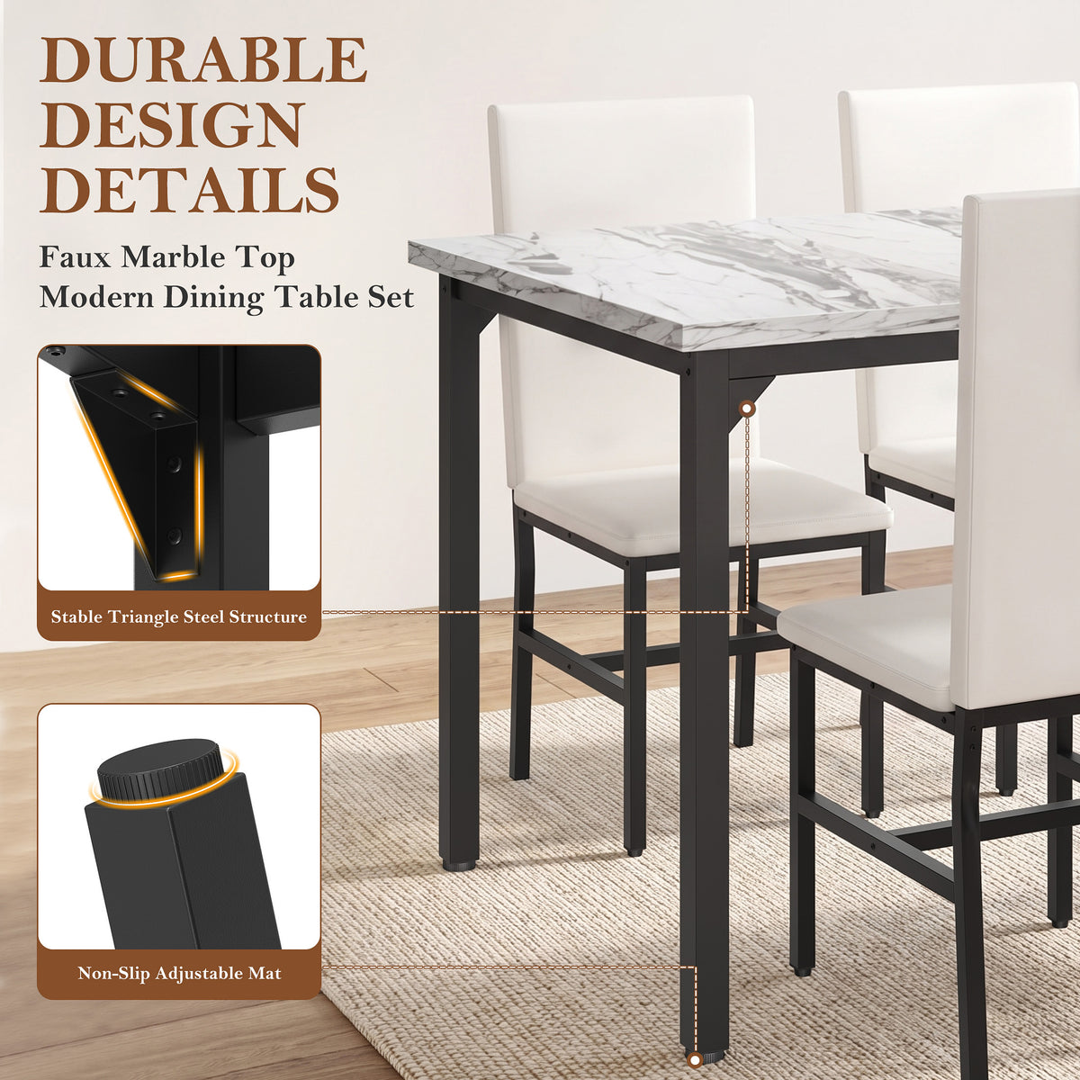 ENYOPRO 5 Piece Dining Table Set for 4, Modern Kitchen Table Set with 4 Leather Upholstered Chairs, Faux Marble Table and Chairs for Home Pub Bistro, White