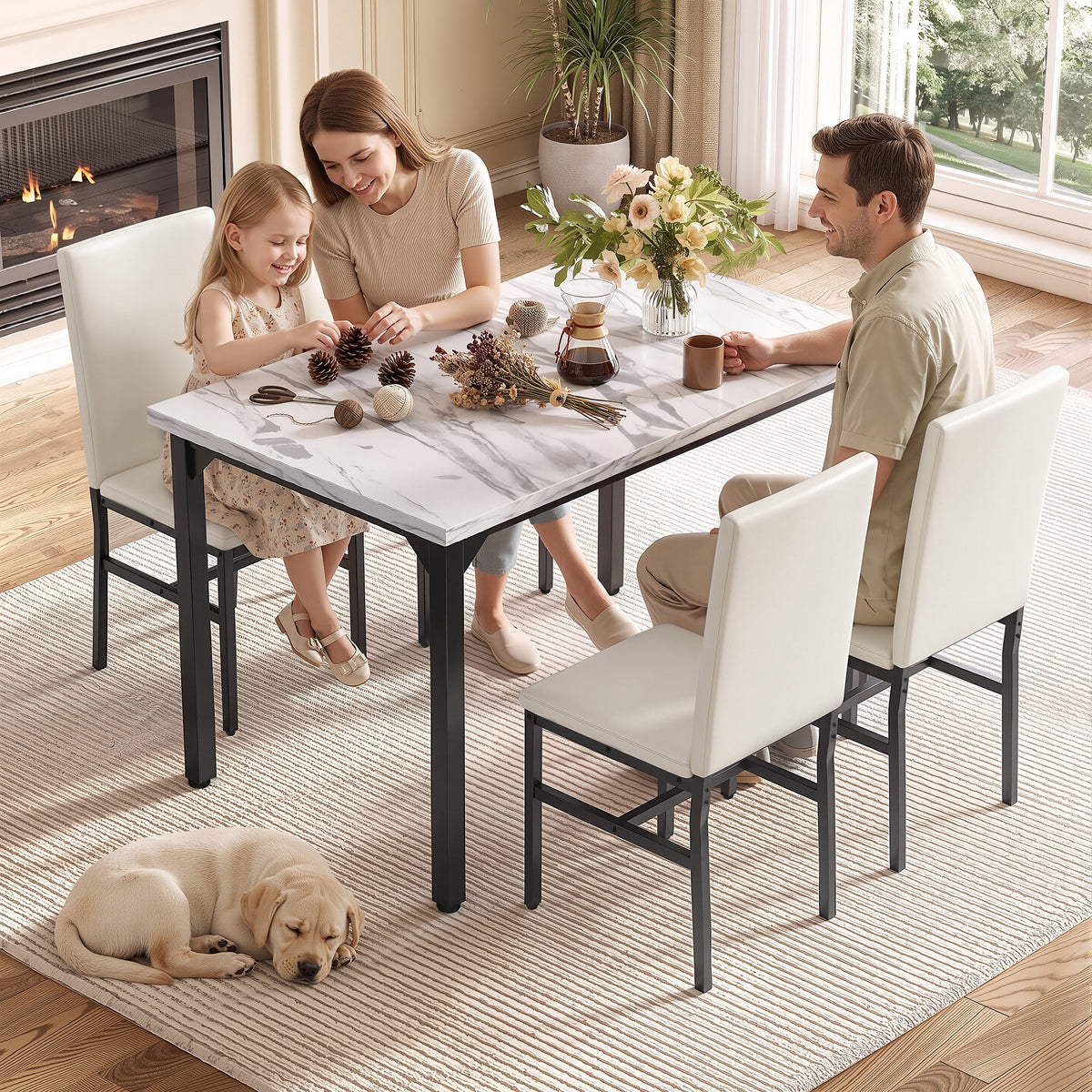 ENYOPRO 5 Piece Dining Table Set for 4, Modern Kitchen Table Set with 4 Leather Upholstered Chairs, Faux Marble Table and Chairs for Home Pub Bistro, White
