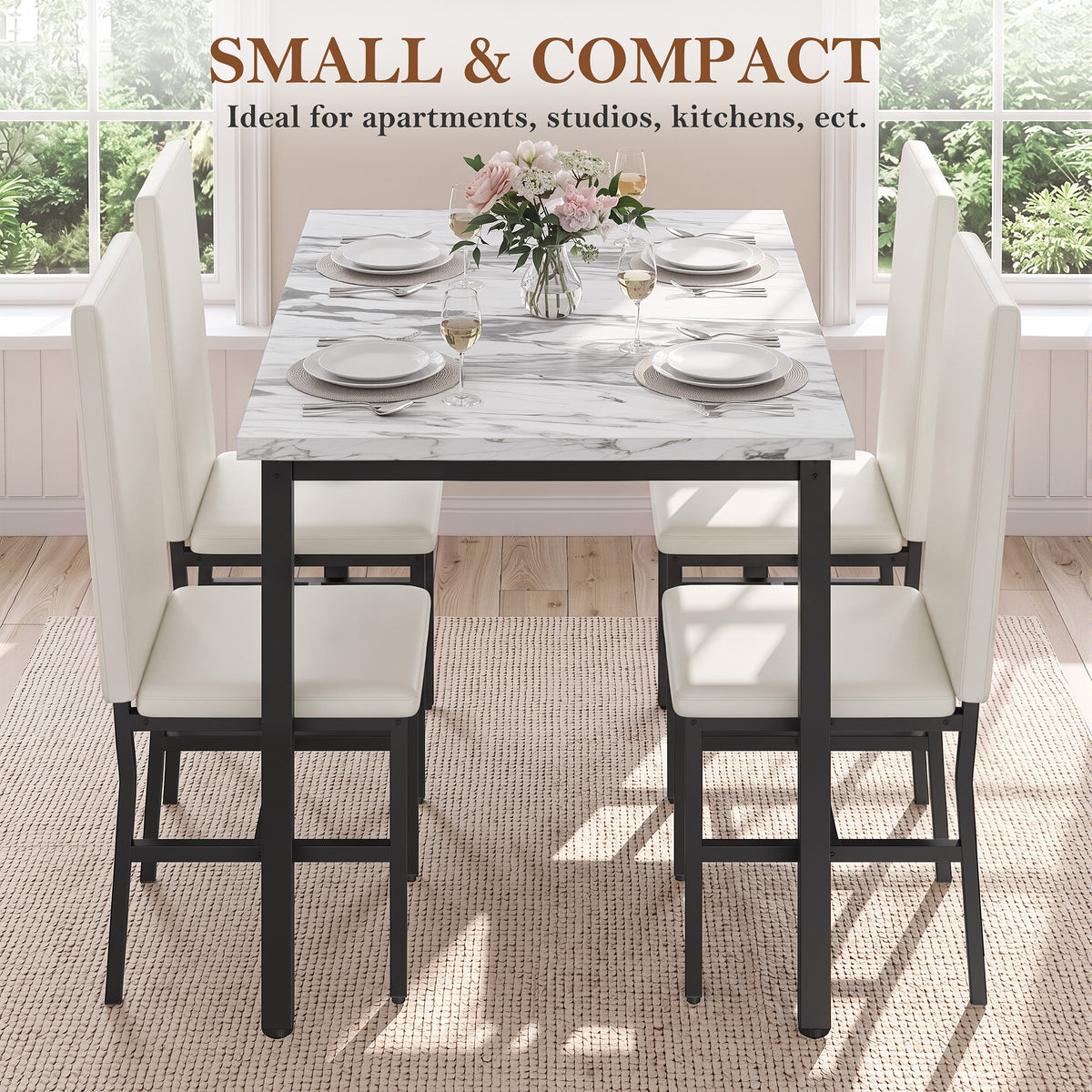 ENYOPRO 5 Piece Dining Table Set for 4, Modern Kitchen Table Set with 4 Leather Upholstered Chairs, Faux Marble Table and Chairs for Home Pub Bistro, White