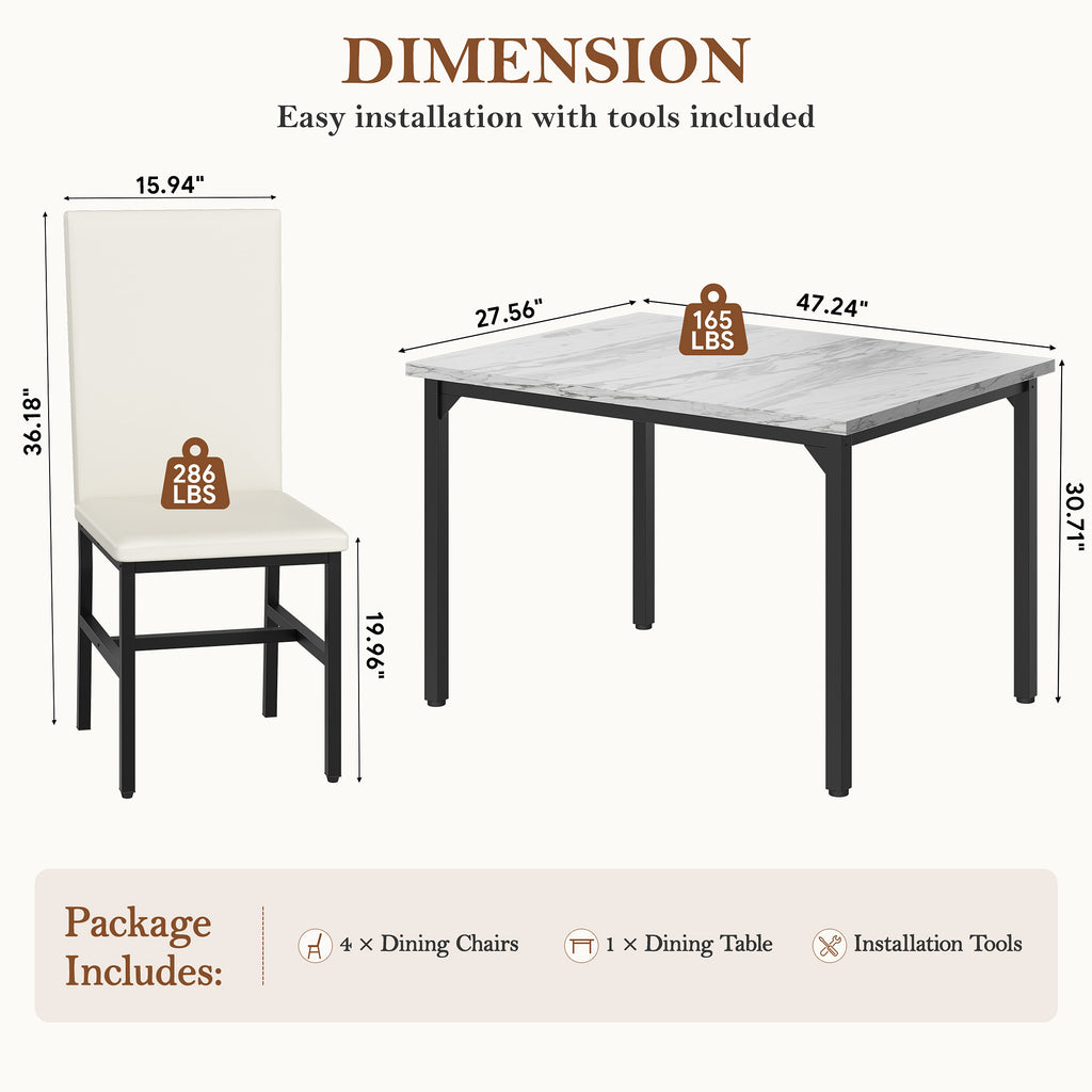 ENYOPRO 5 Piece Dining Table Set for 4, Modern Kitchen Table Set with 4 Leather Upholstered Chairs, Faux Marble Table and Chairs for Home Pub Bistro, White