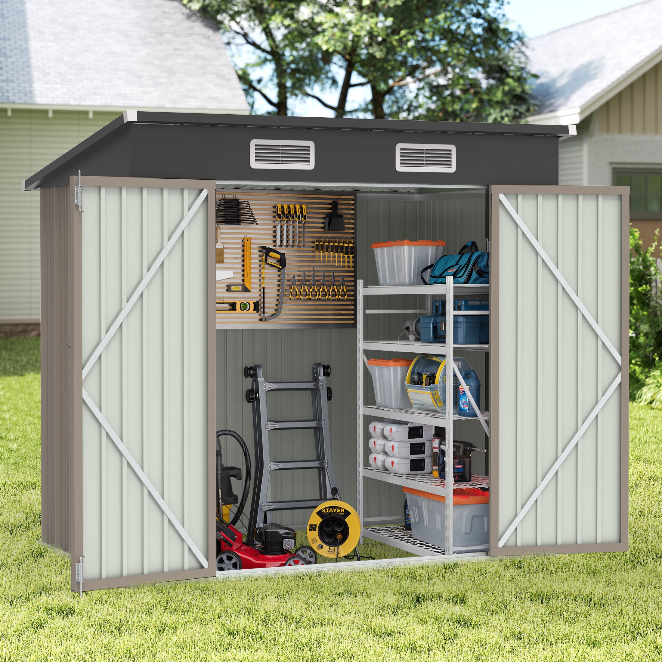 Clearance Storage Shed, Enyopro 6'x4' Outdoor Storage Sheds, Metal Storage House with Lockable Door, Storage Garden Tool shed for Lawnmower, Bike, Garage, Brown