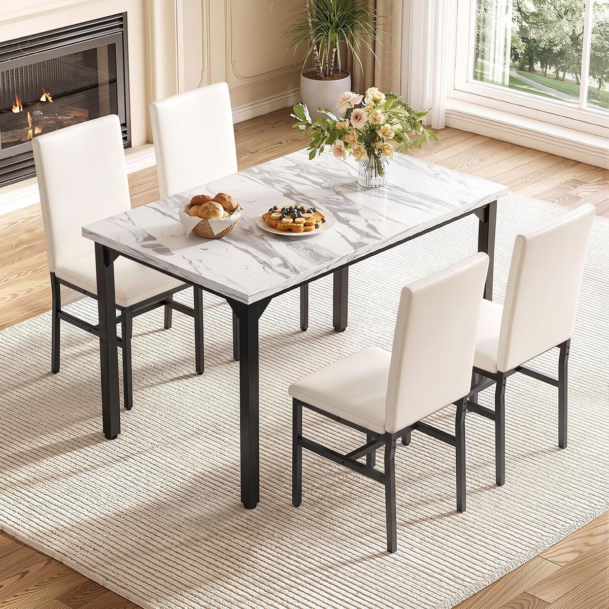 ENYOPRO 5 Piece Dining Table Set for 4, Modern Kitchen Table Set with 4 Leather Upholstered Chairs, Faux Marble Table and Chairs for Home Pub Bistro, White