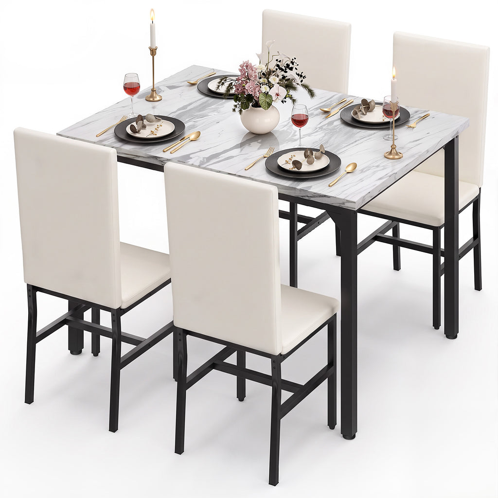 ENYOPRO 5 Piece Dining Table Set for 4, Modern Kitchen Table Set with 4 Leather Upholstered Chairs, Faux Marble Table and Chairs for Home Pub Bistro, White