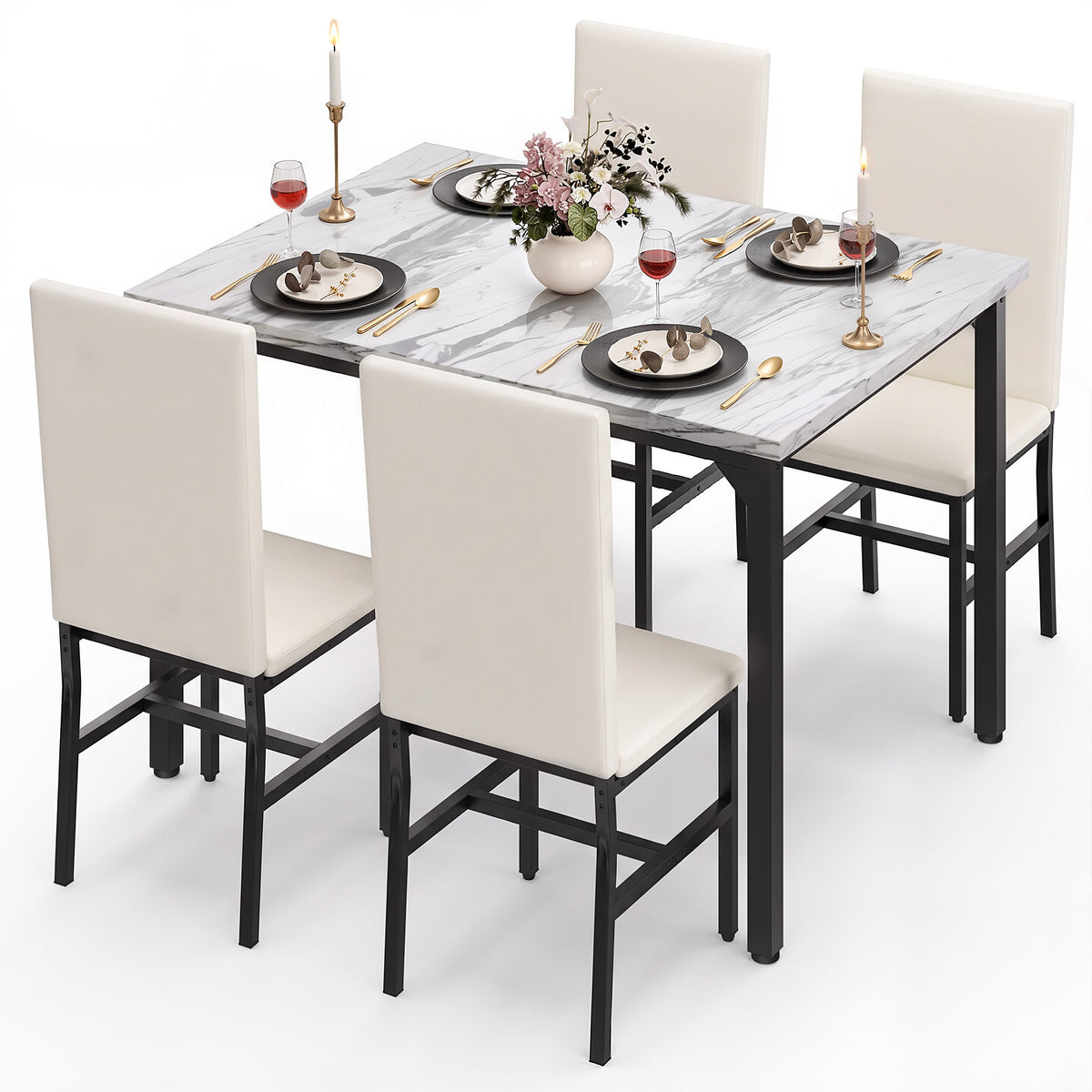 ENYOPRO 5 Piece Dining Table Set for 4, Modern Kitchen Table Set with 4 Leather Upholstered Chairs, Faux Marble Table and Chairs for Home Pub Bistro, White