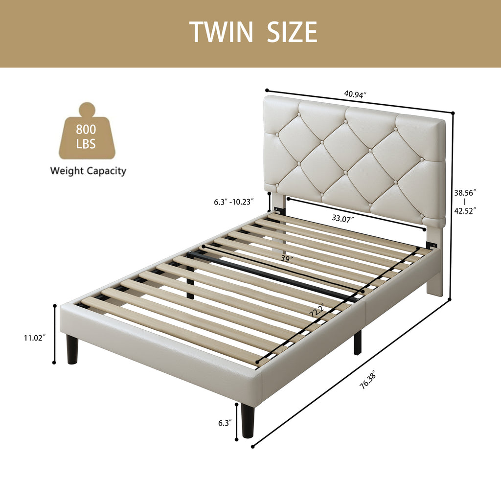 Sesslife Twin Upholstered Platform Bed with Headboard, Beige Twin Bed Frame with Wood Slats Support for Boys Girls, No Box Spring Needed