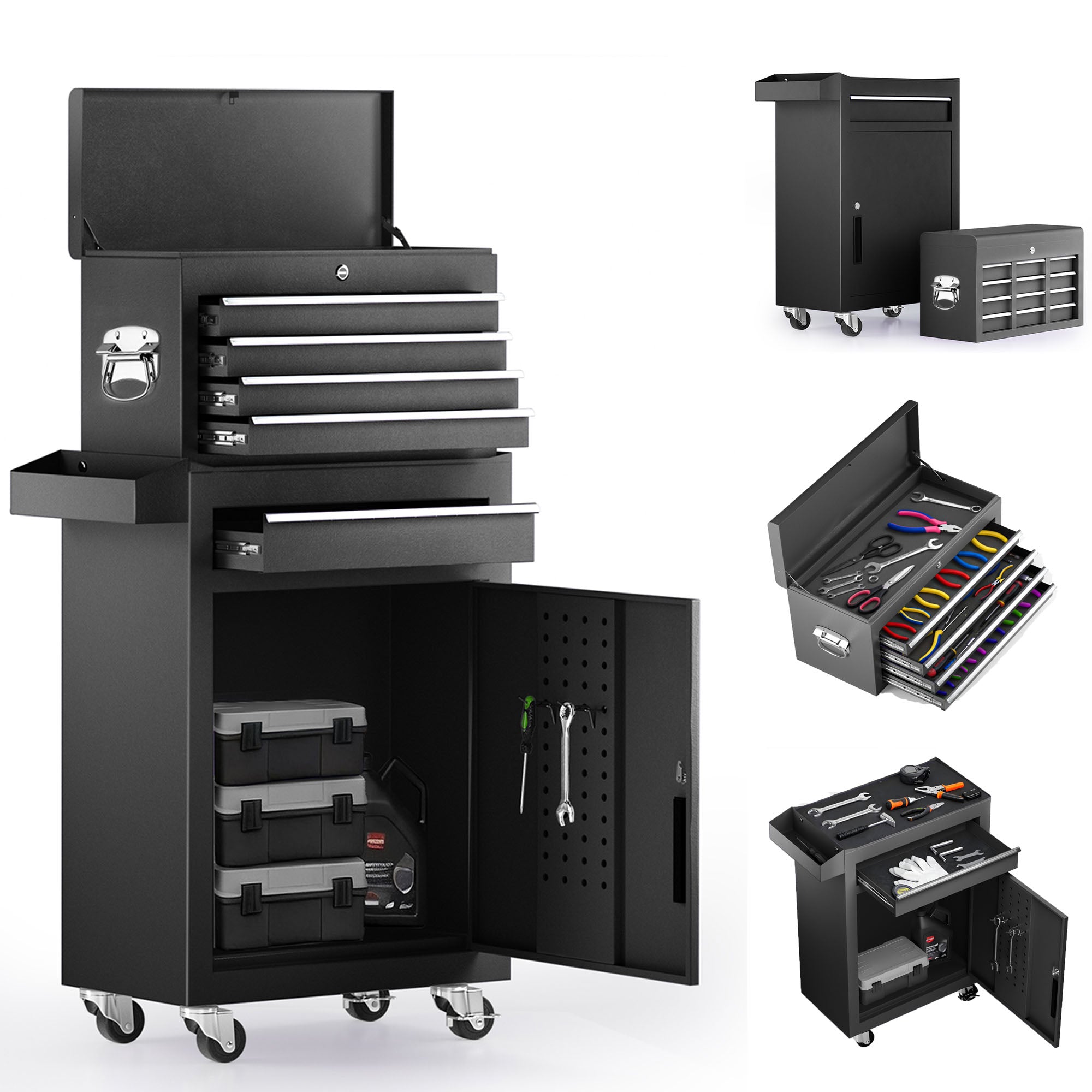 5-Drawer Rolling Tool Chest, Stainless Steel Tool Box with Brake Wheels and 4 Drawers, Black Detachable Tool Cart, Black