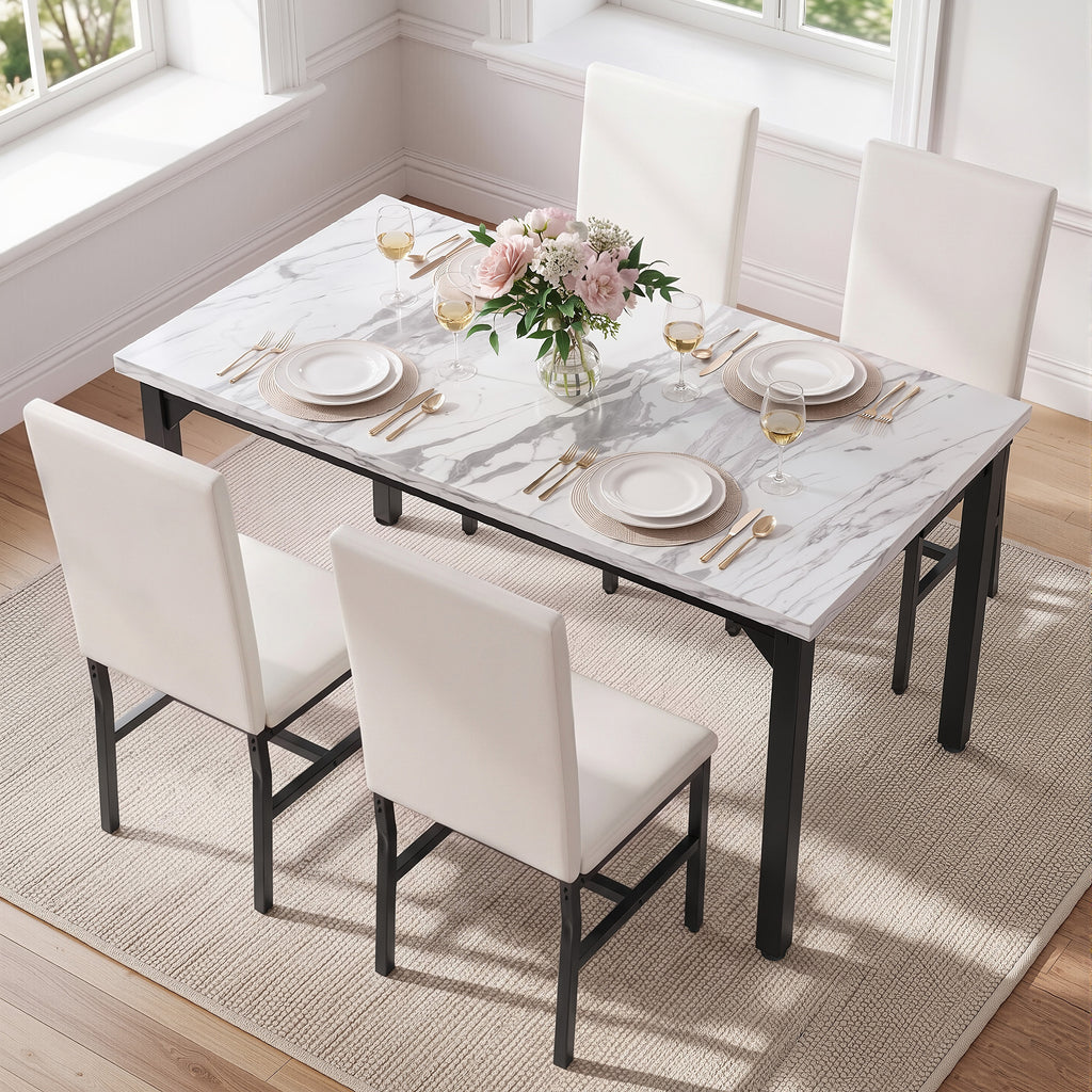 ENYOPRO 5 Piece Dining Table Set for 4, Modern Kitchen Table Set with 4 Leather Upholstered Chairs, Faux Marble Table and Chairs for Home Pub Bistro, White