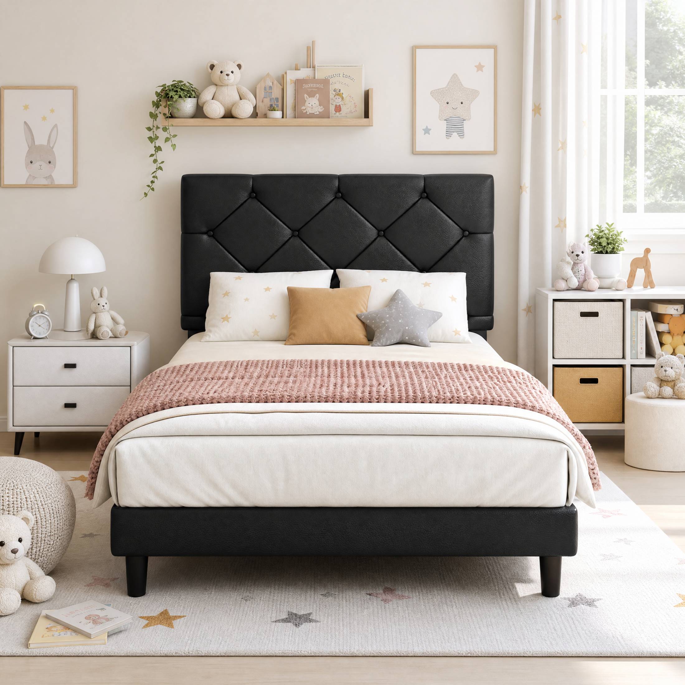 Sesslife Twin Upholstered Platform Bed with Headboard, Black Twin Bed Frame with Wood Slats Support for Boys Girls, No Box Spring Needed