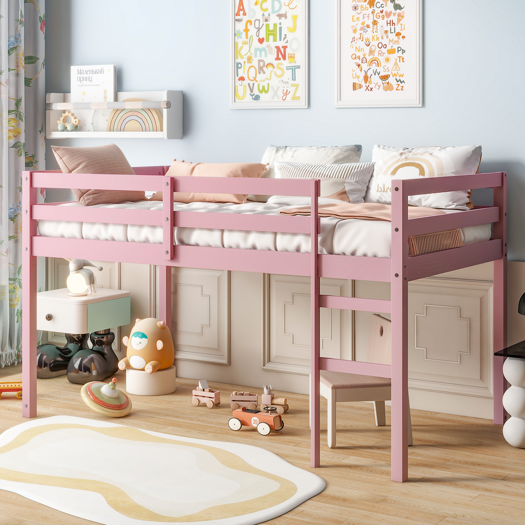 PAPROOS Twin Loft Bed with Ladder, Low Height Solid Wood Loft Bed Frame, Loft Bed with Guardrails and Storage Space Underneath, No Box Spring Needed, Pink