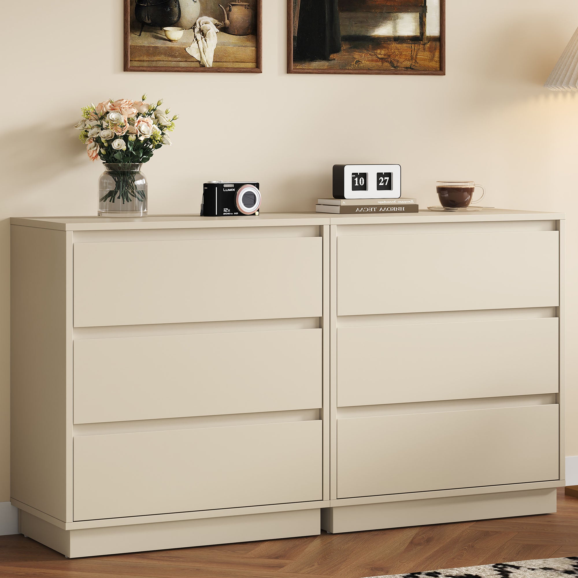 Enyopro 6 Drawer Dresser, Chest of Dresser for Bedroom, Storage Cabinet for Living Room, Wooden Organizer, Beige