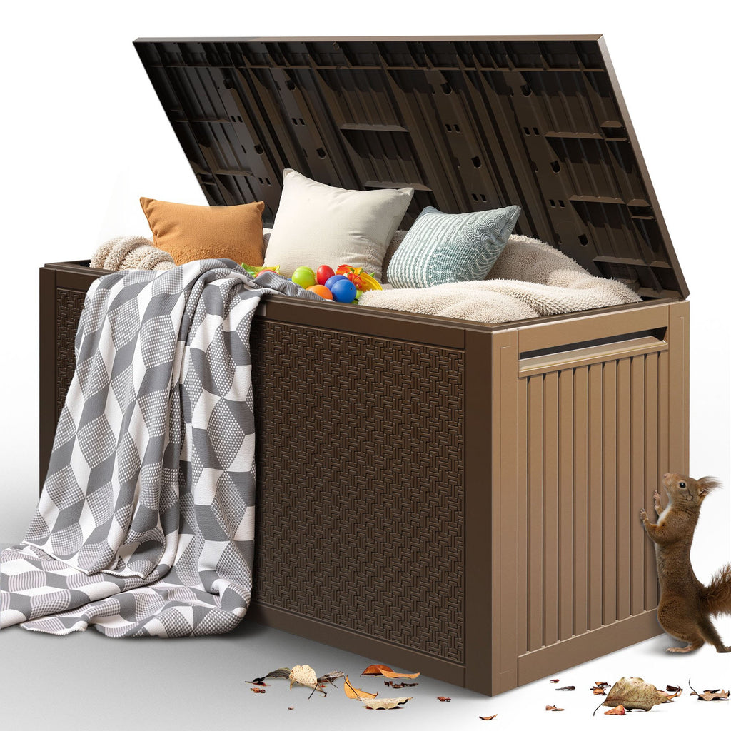 Enyopro 90 Gallon Deck Box, Organization and Storage Box for Patio Furniture Outdoor Cushions, Throw Pillows, Garden Tools and Pool Toys, Brown