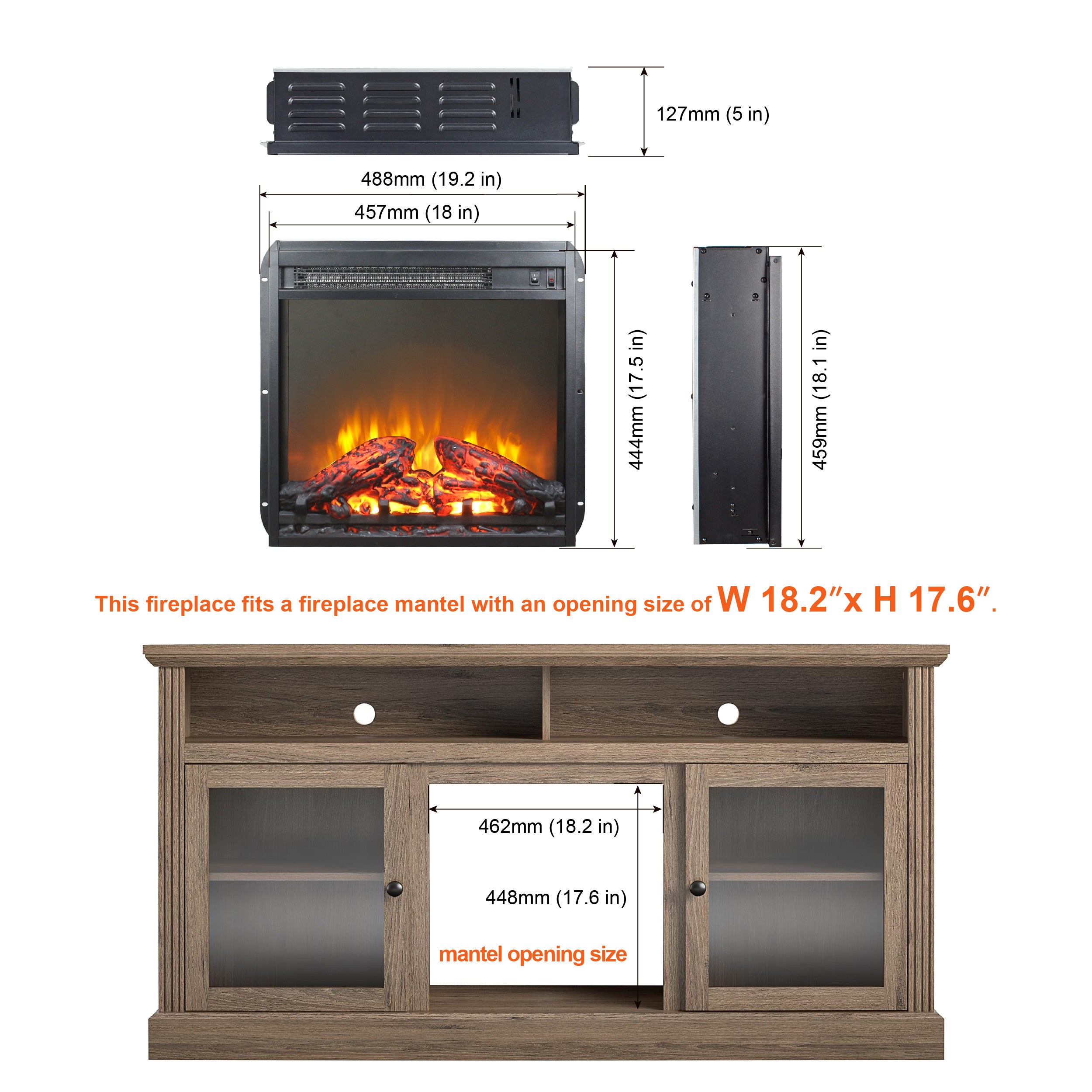 18" Fireplace Heaters for Inside, 3D Electric Fireplace Insert, 1400W Remote Control Fireplace Heater, Adjustable Flame and Low Noise, CSA Certification