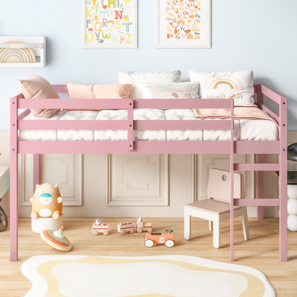 PAPROOS Twin Loft Bed with Ladder, Low Height Solid Wood Loft Bed Frame, Loft Bed with Guardrails and Storage Space Underneath, No Box Spring Needed, Pink