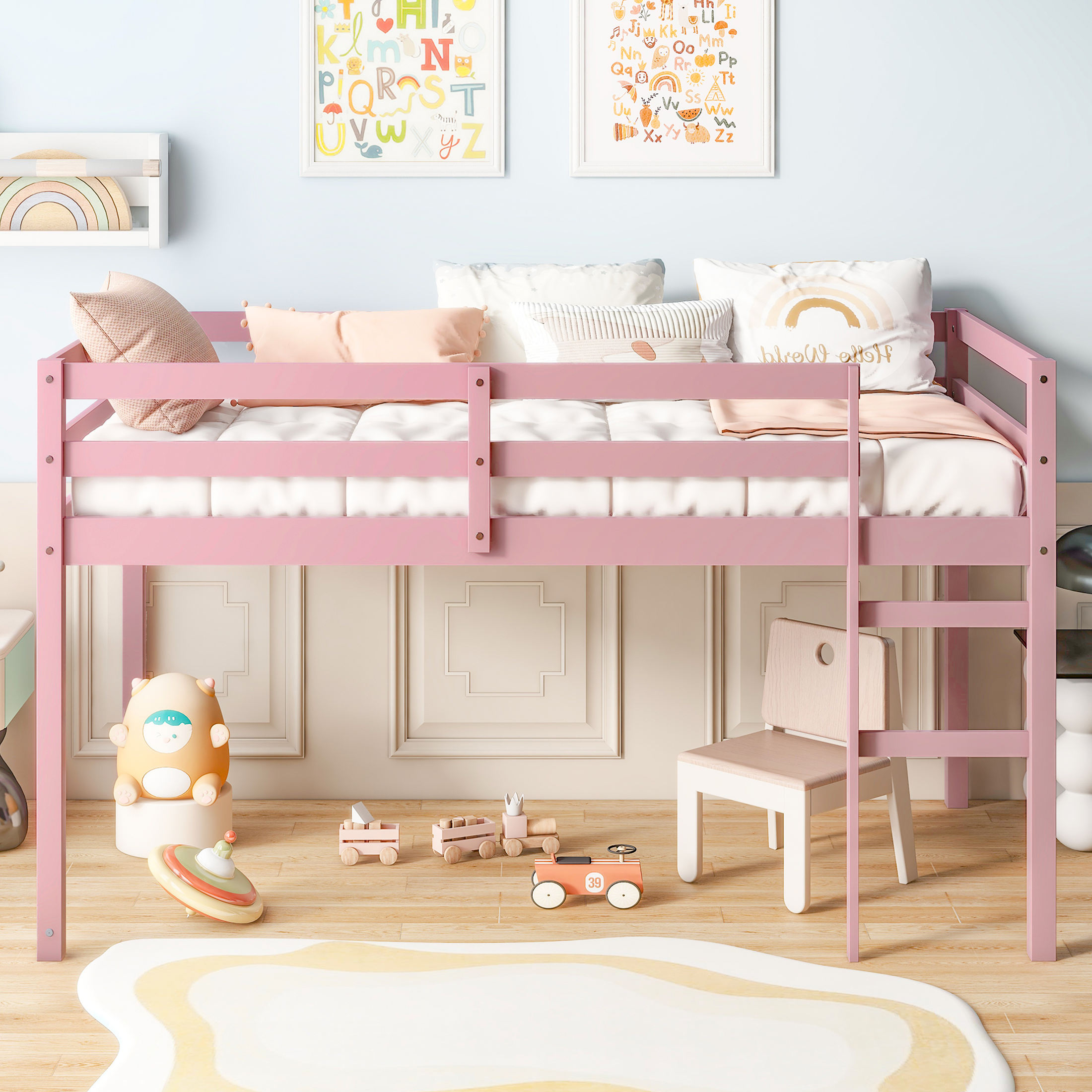 PAPROOS Twin Loft Bed with Ladder, Low Height Solid Wood Loft Bed Frame, Loft Bed with Guardrails and Storage Space Underneath, No Box Spring Needed, Pink