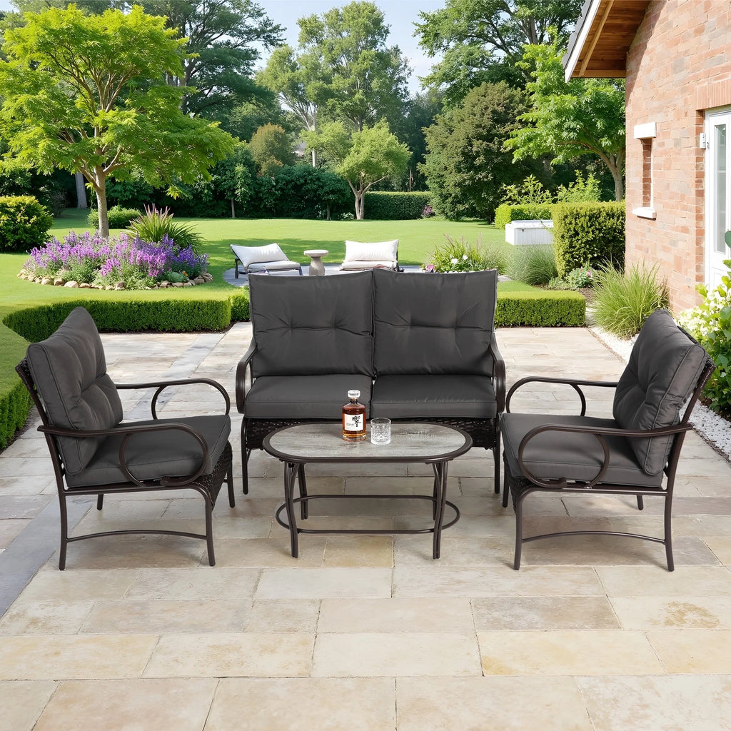 4-Piece Outdoor Sectional Sofa Set, Wicker Conversation Sets with Arm Chairs, Tempered Glass Table, Cushions, All-Weather Rattan Patio Furniture Sets for Backyard Garden Pool