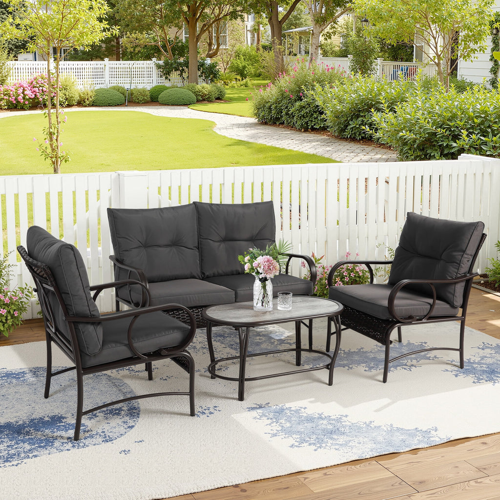 4-Piece Outdoor Sectional Sofa Set, Wicker Conversation Sets with Arm Chairs, Tempered Glass Table, Cushions, All-Weather Rattan Patio Furniture Sets for Backyard Garden Pool